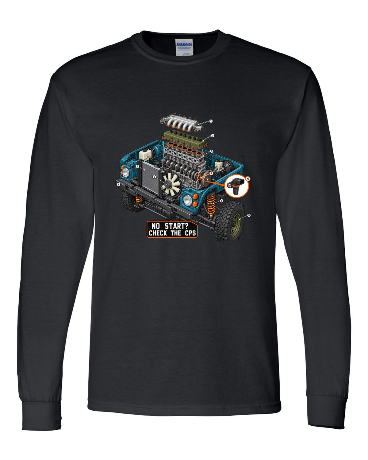 Exploded cutaway engine print of a Jeep Wrangler TJ with check the CPS text black long sleeve front view with the design
