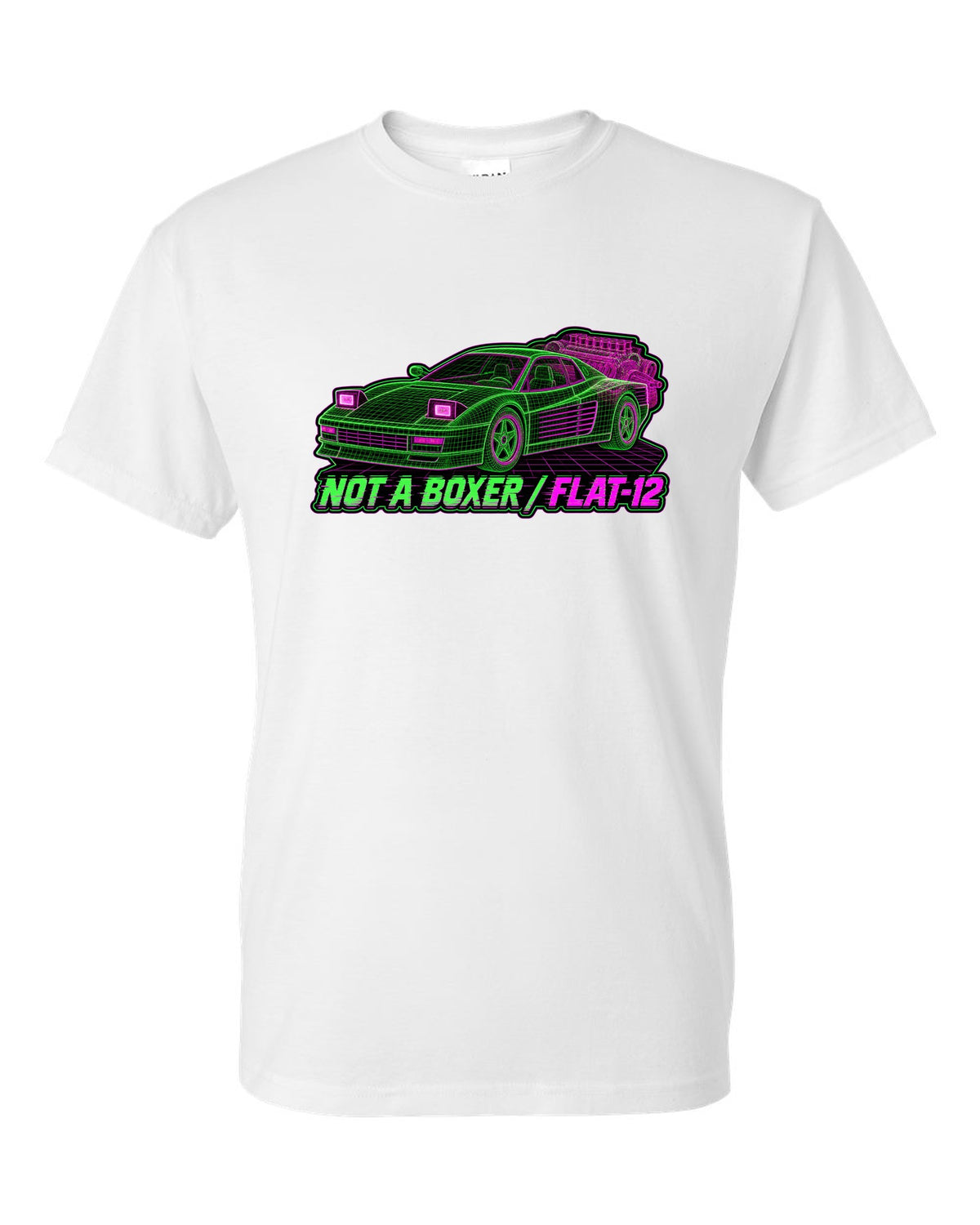 Wireframe mesh print of the Ferrari Testarossa F110 with the text not a boxer, flat-12 white t-shirt front view with the design