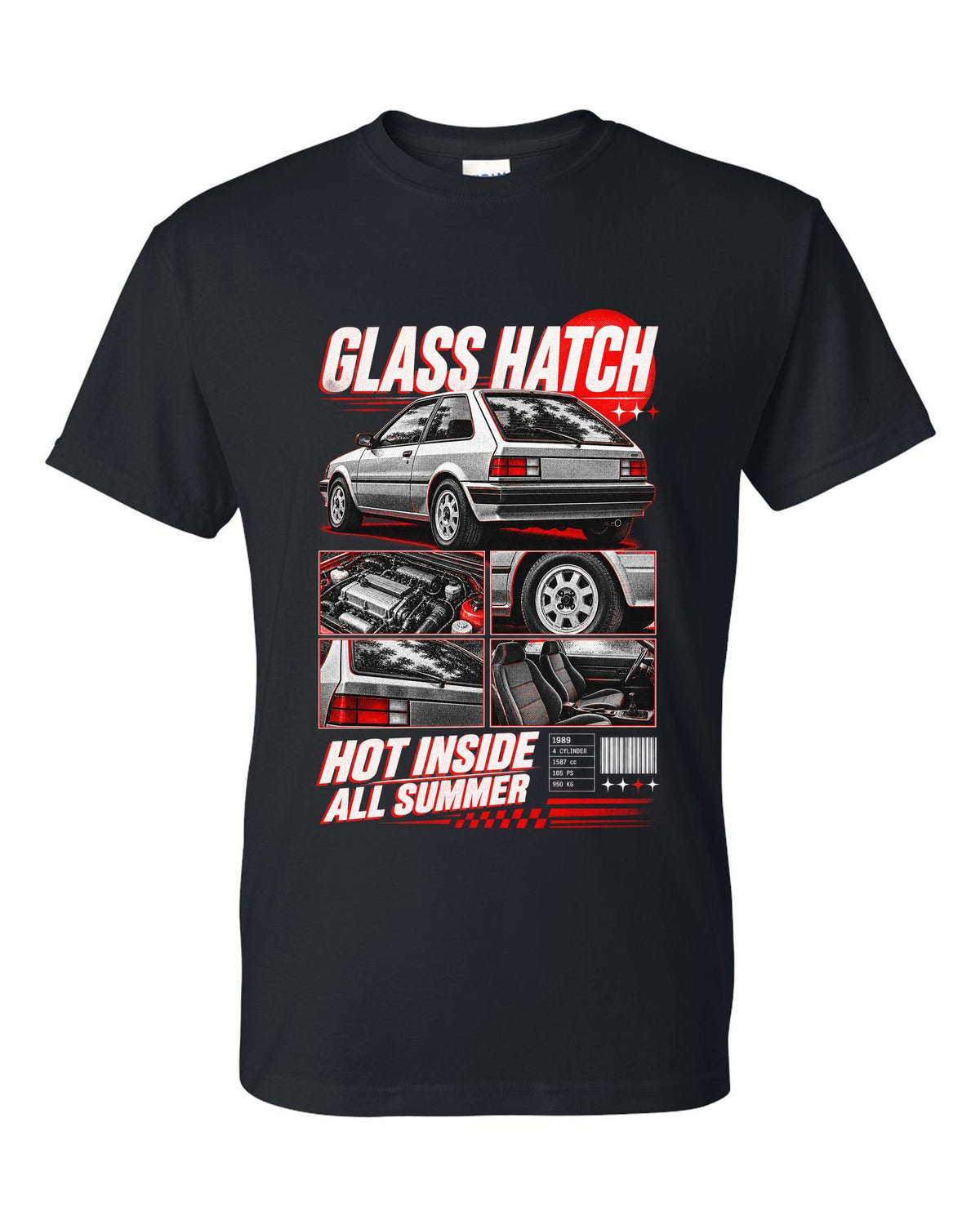 Dossier panel print for the 1989 Honda CRX EF8 Si about its glass ch being hot all summer black t-shirt front view with the design