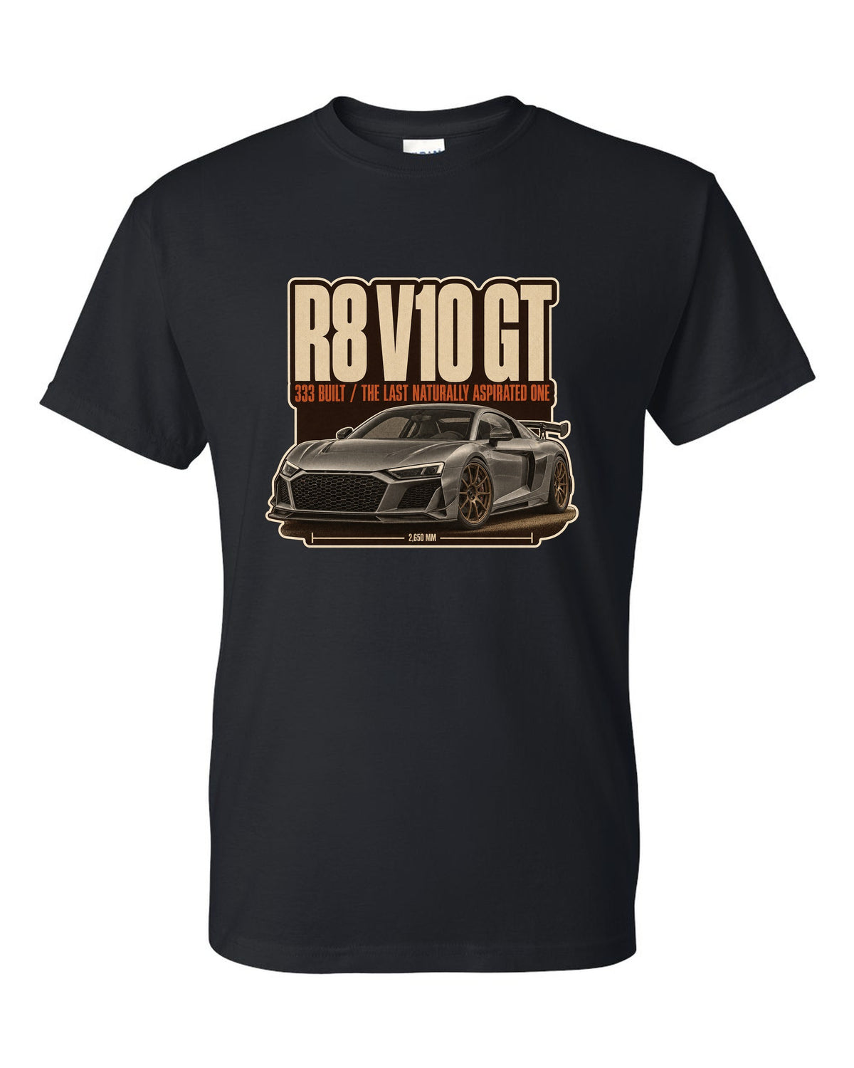 Audi R8 V10 GT RWD final edition editorial headline print design black t-shirt front view with the design