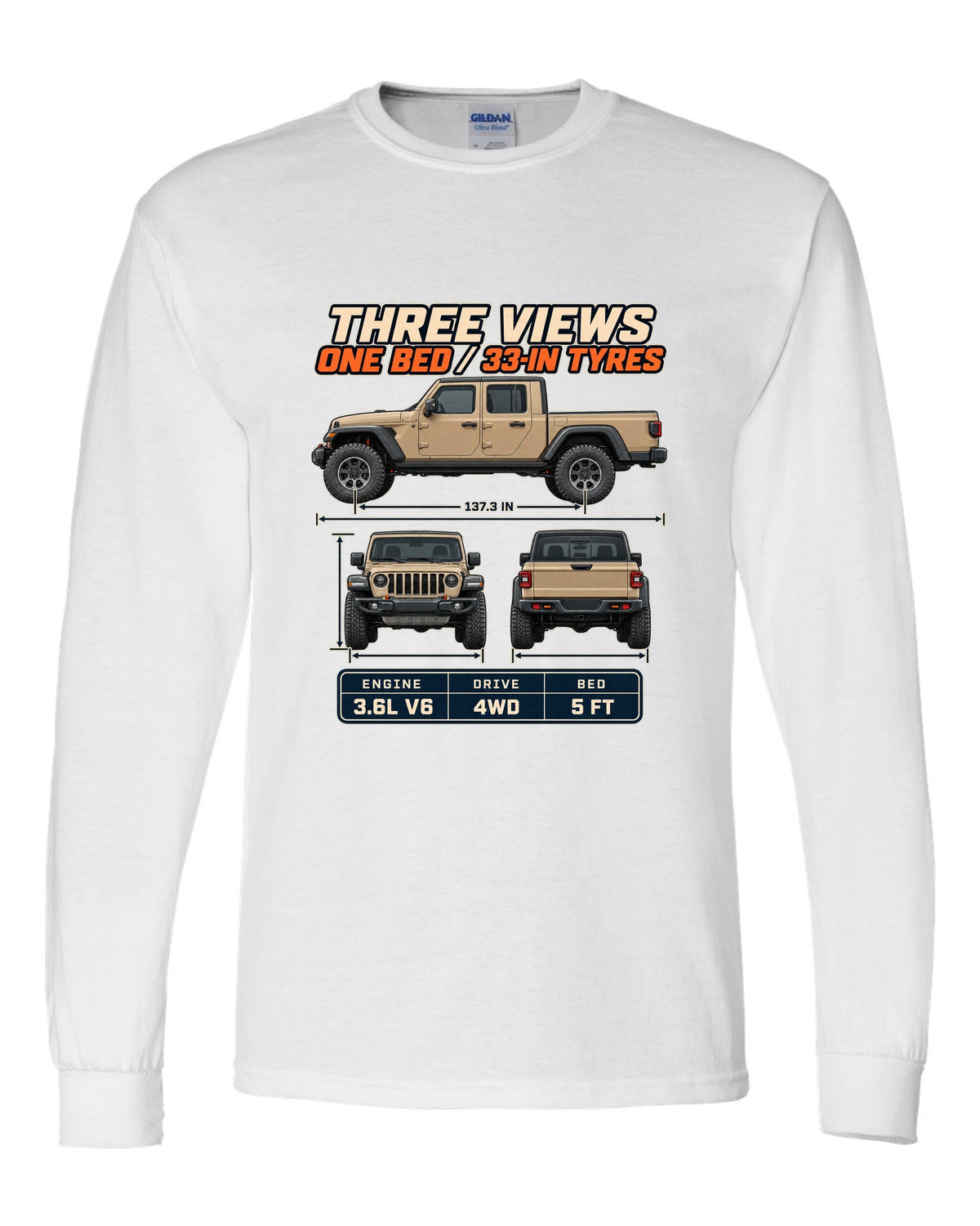 Three-view drawing with spec table print of the Jeep Gladiator Mojave white long sleeve front view with the design