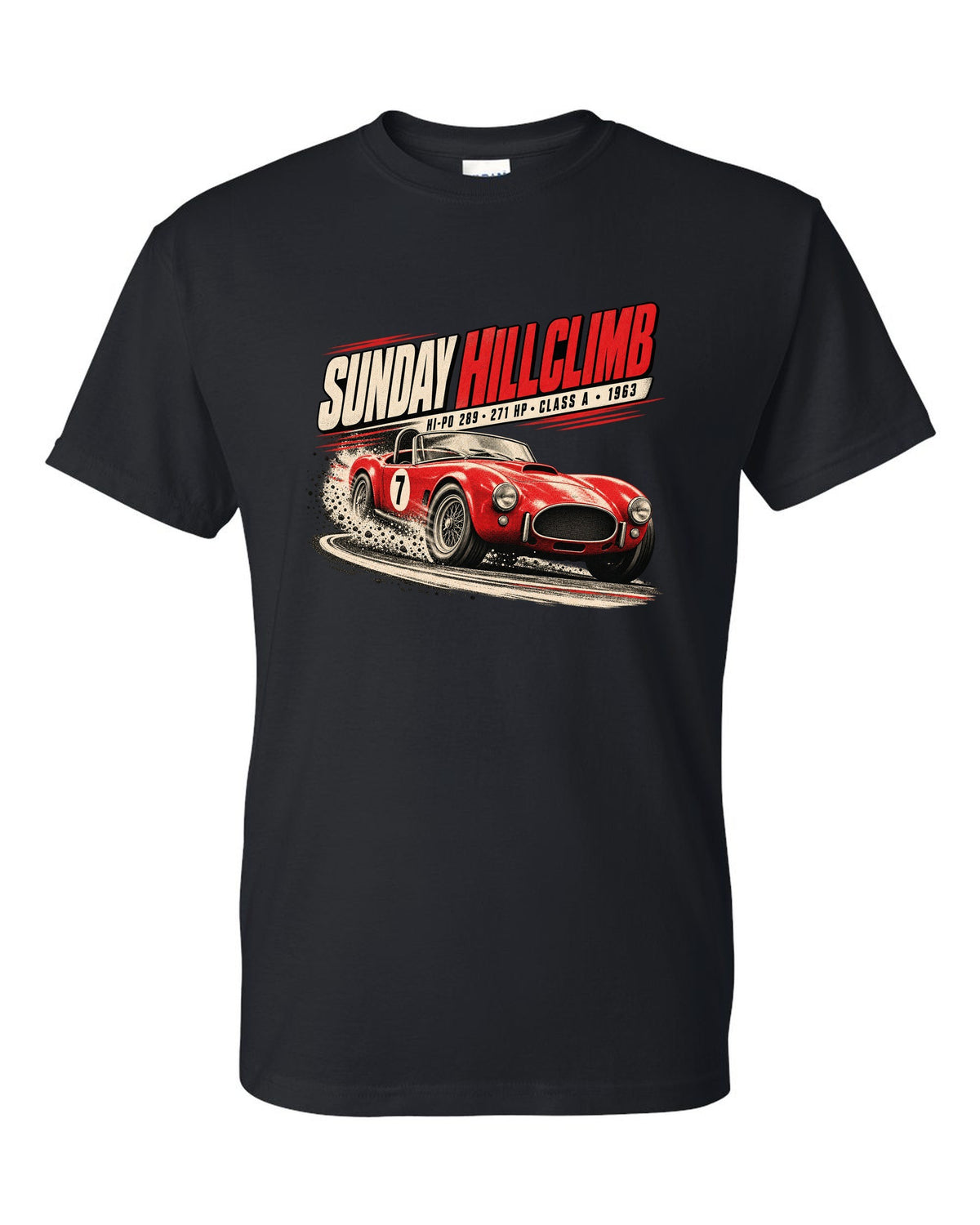Race poster print of a 1963 289 roadster at a Sunday hillclimb black t-shirt front view with the design
