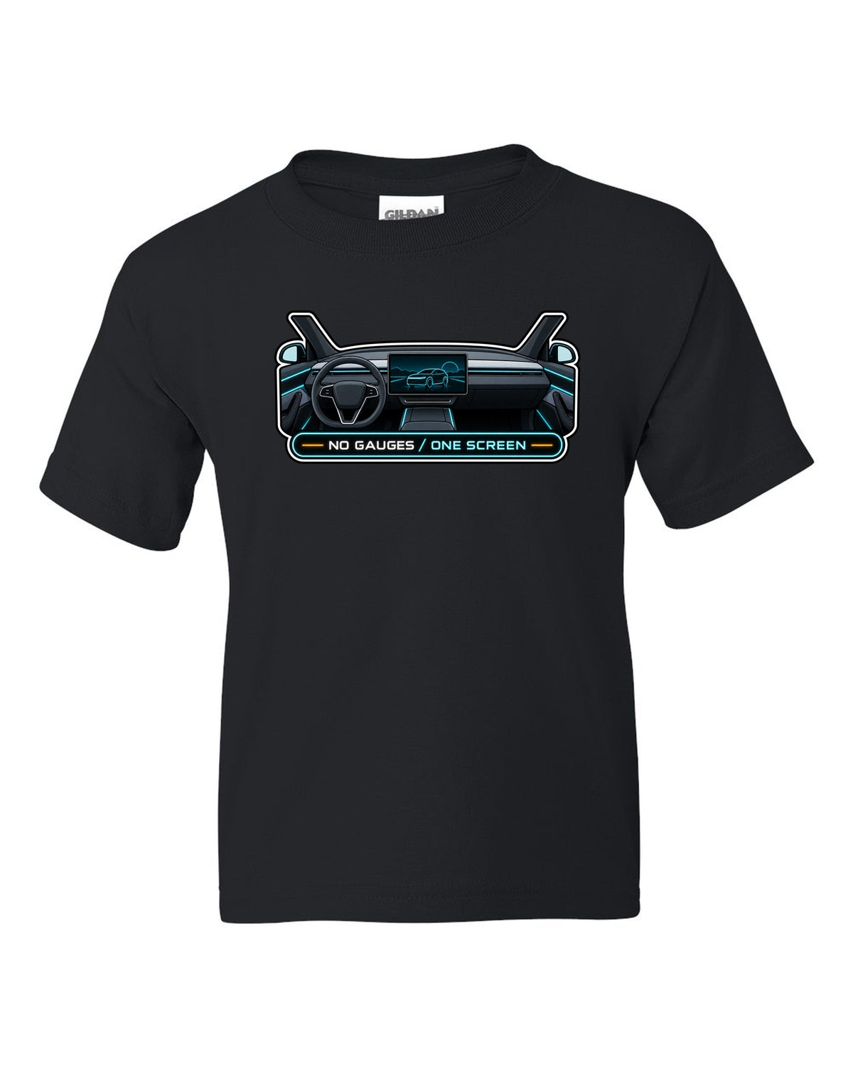 Gauge cluster HUD parody print of a Tesla Model Y Juniper reading No Gauges One Screen black kids tee front view with the design