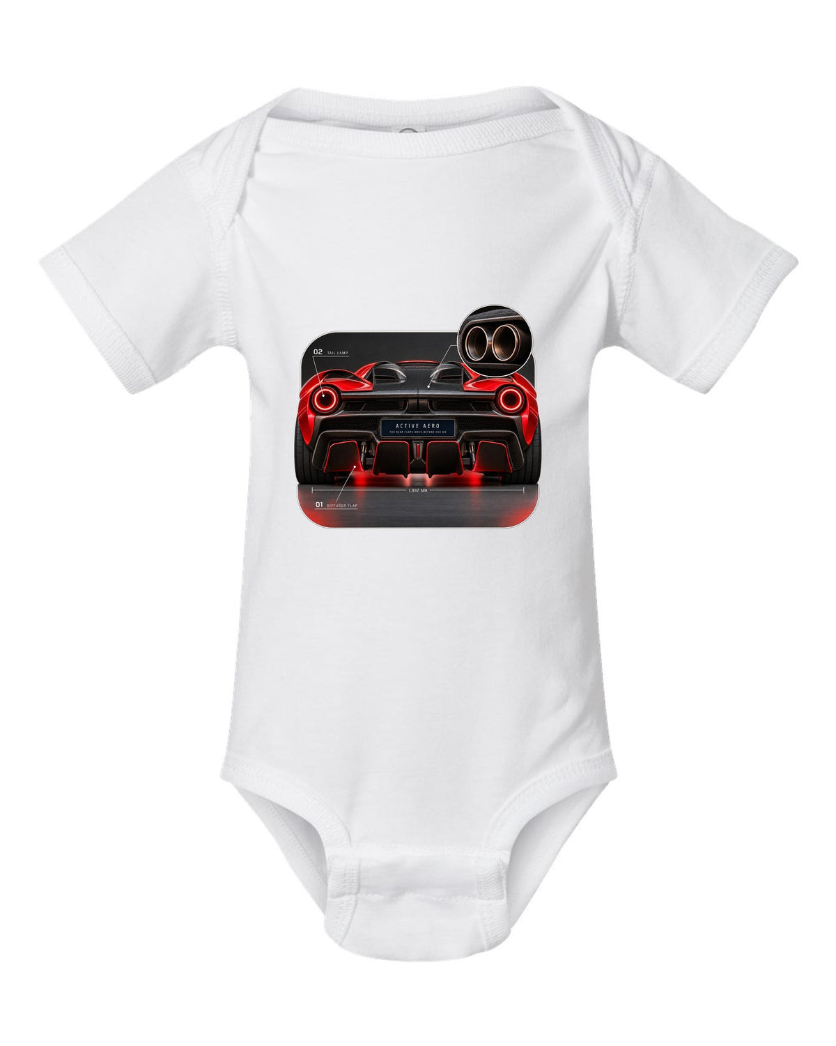Ferrari LaFerrari taillight macro print with active aero caption white baby onesie front view with the design