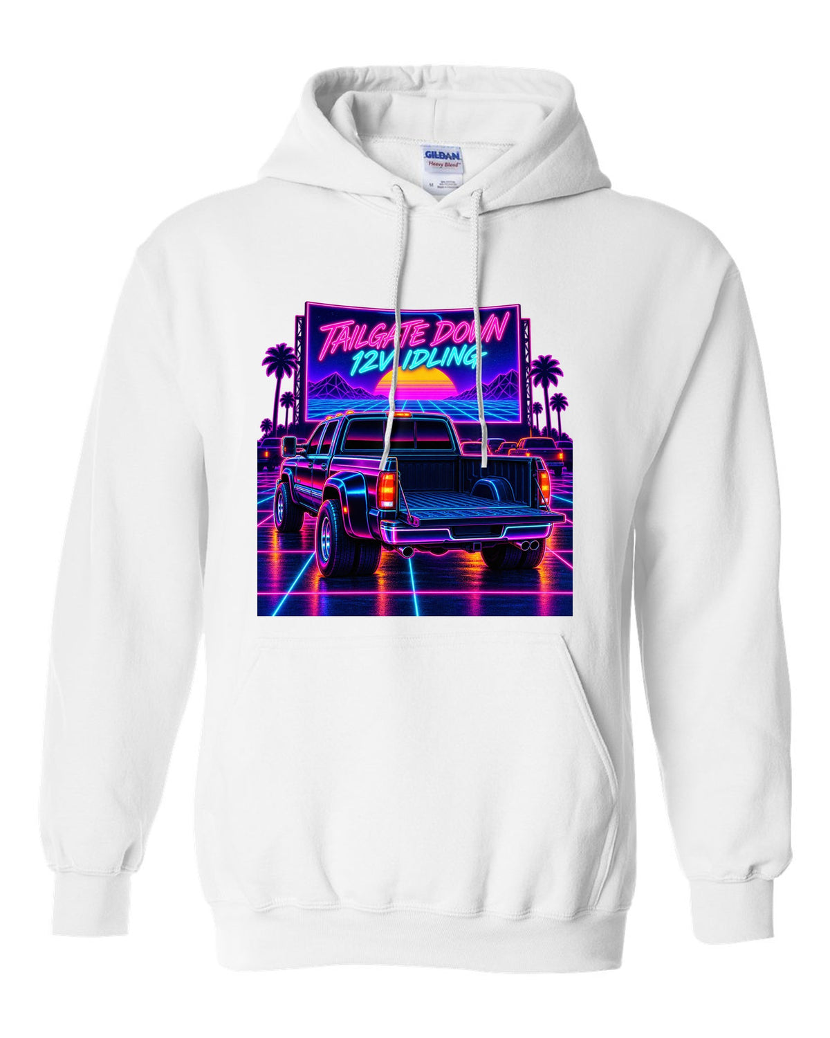 Neon synthwave drive-in print of a 1994-1998 Dodge Ram 2500 12V Cummins with tailgate down white pull over hoodie front view with the design