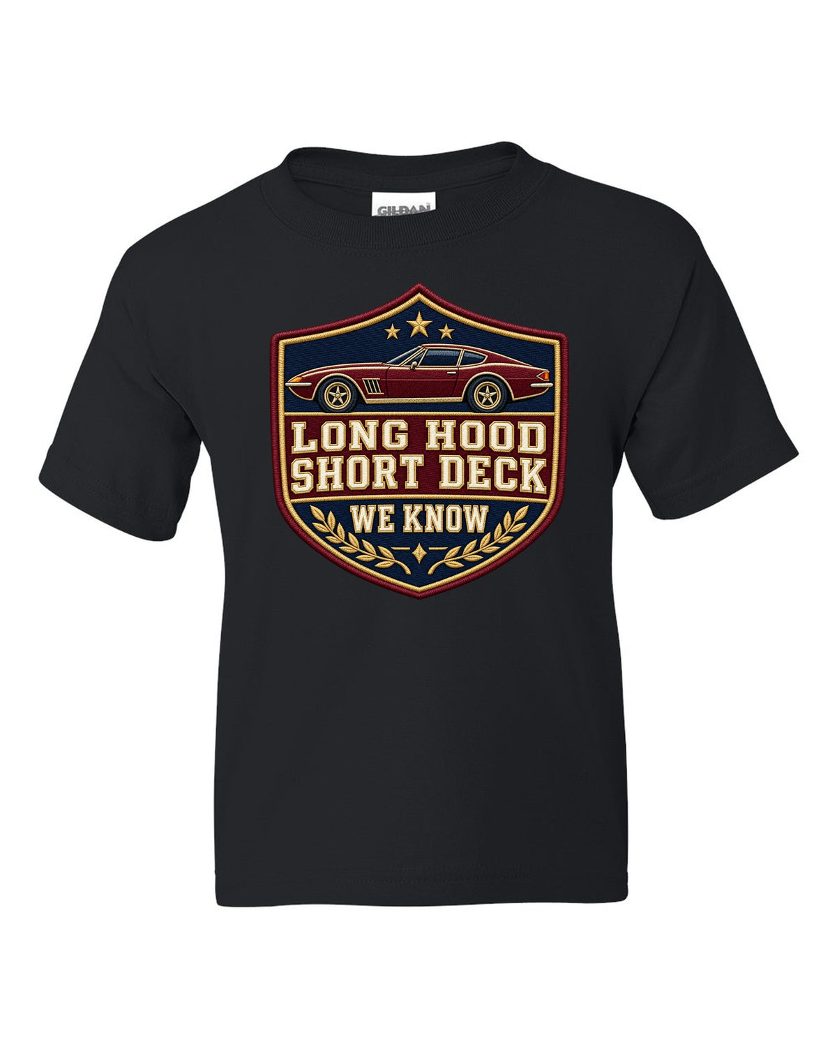 Embroidery varsity crest print for a Hyundai Genesis Coupe BK2 with long hood short deck text black kids tee front view with the design