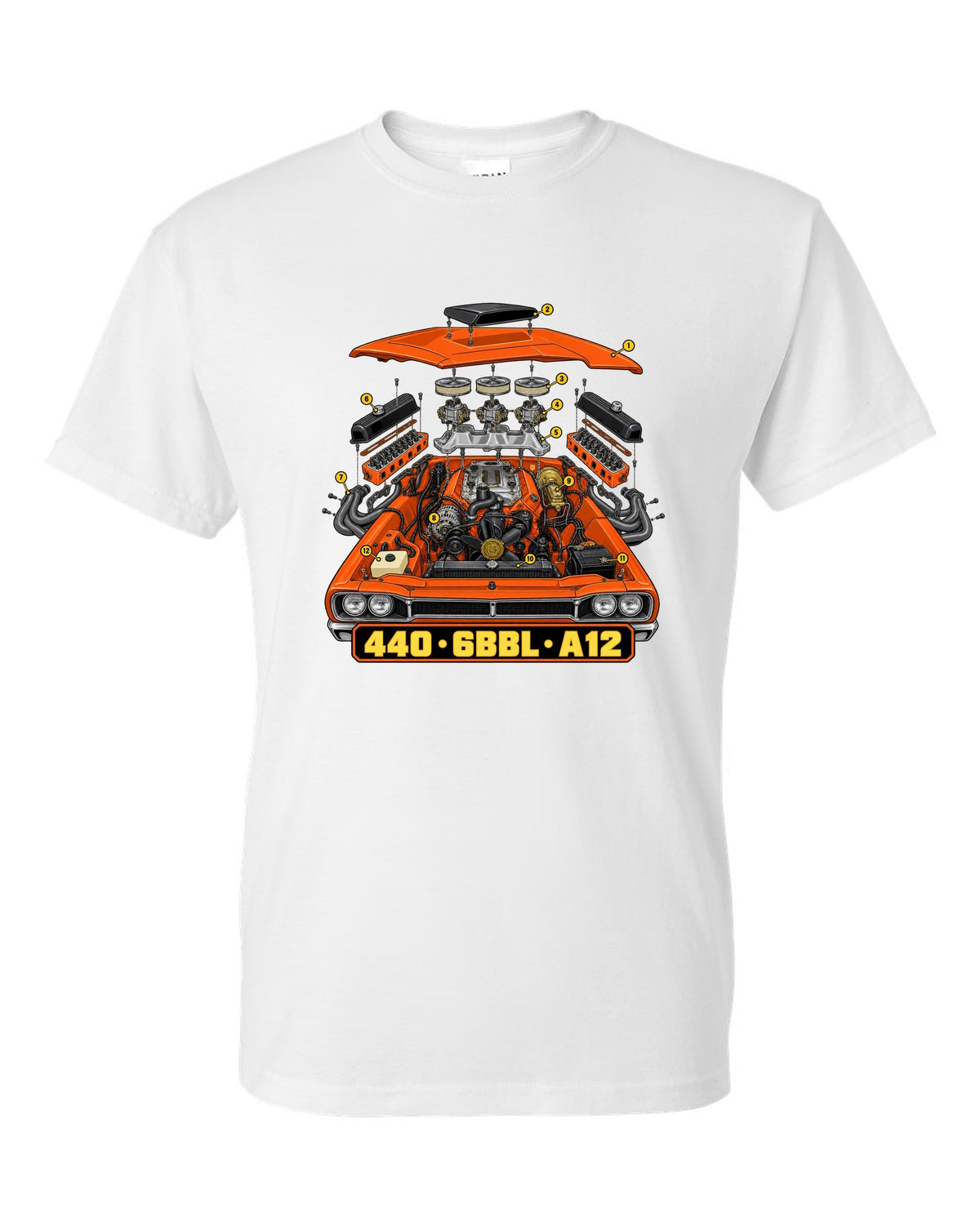 Isometric exploded technical drawing of the 440 six-barrel engine in a 1969 Dodge Coronet Super Bee A12 white t-shirt front view with the design