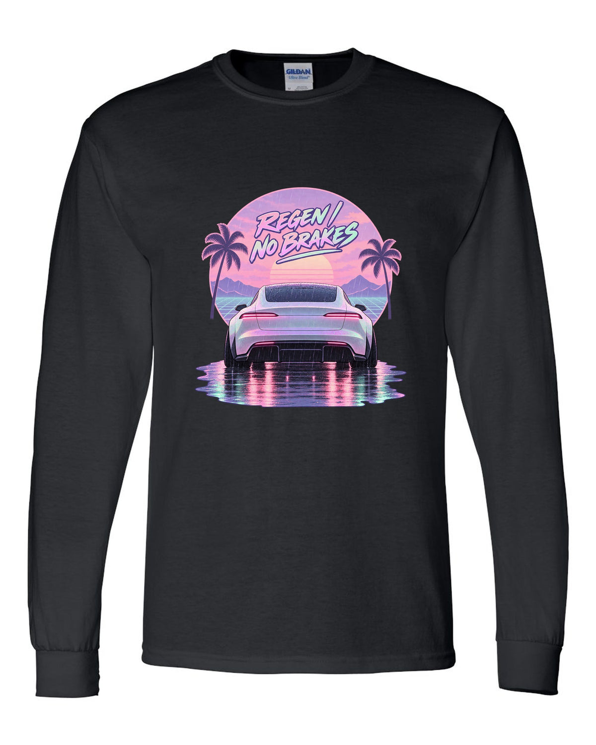 Vaporwave pastel scene of a 2021 Tesla Model S Plaid taillights in rain with the words Regen No Brakes black long sleeve front view with the design