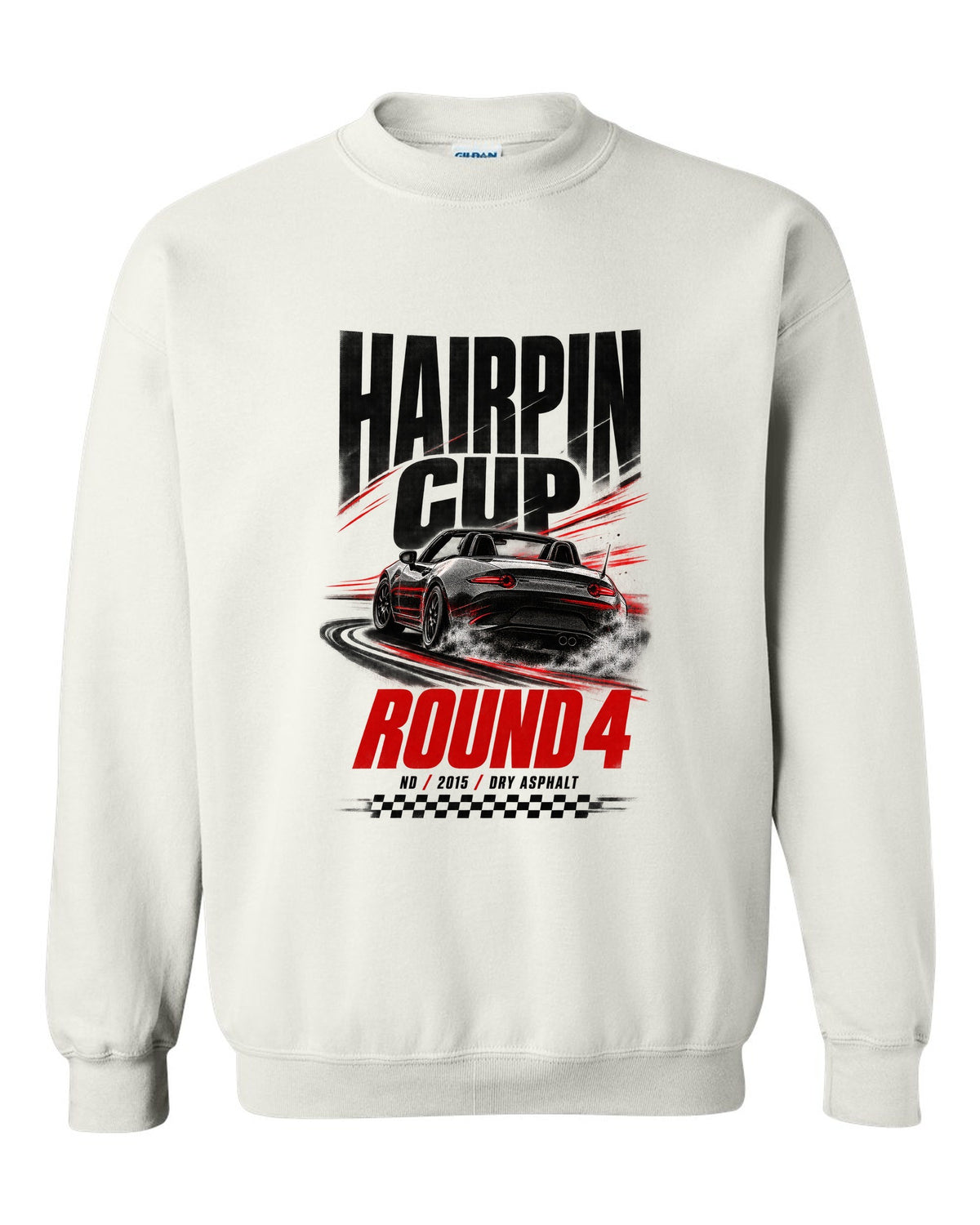 Race poster print of a Mazda MX-5 ND for the Hairpin Cup round 4 white crewneck front view with the design