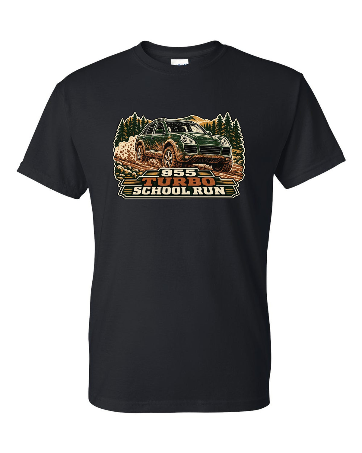 Multi-block linocut print of a muddy Porsche Cayenne Turbo 955 with the text 955, turbo, school run black t-shirt front view with the design