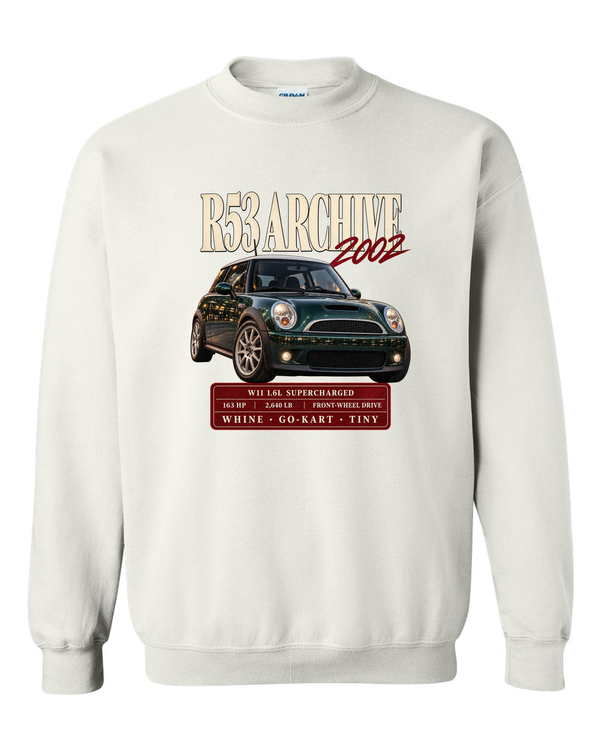 Mini Cooper S R53 archive panel with W11 supercharged engine specs white crewneck front view with the design