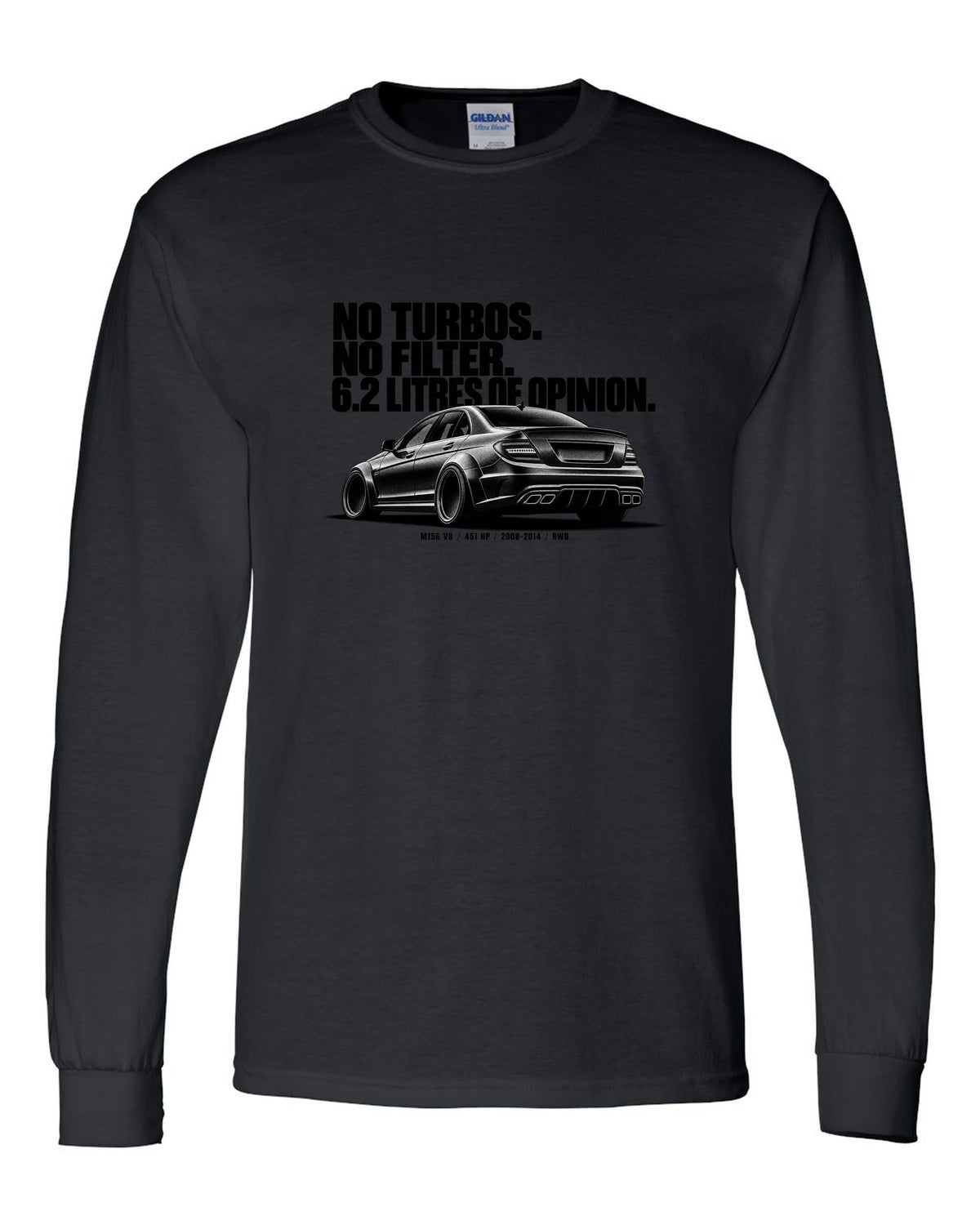 Halftone print of a Mercedes W204 C63 sedan with text No Turbos, No Filter, 6.2 Litres Of Opinion black long sleeve front view with the design