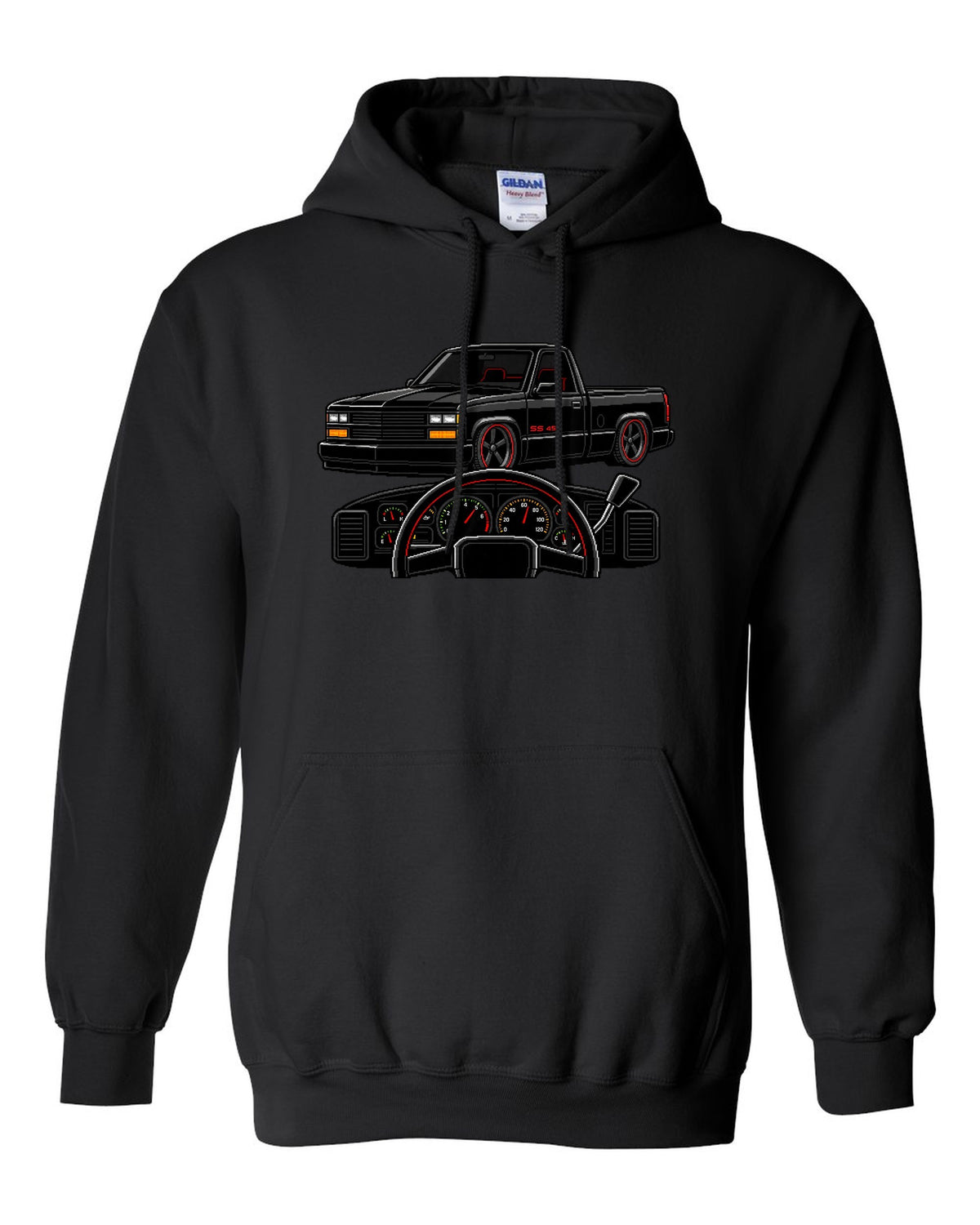 16-bit pixel art gauge print for a 1990-93 Chevrolet 454 SS pickup with SS 454 text black pull over hoodie front view with the design