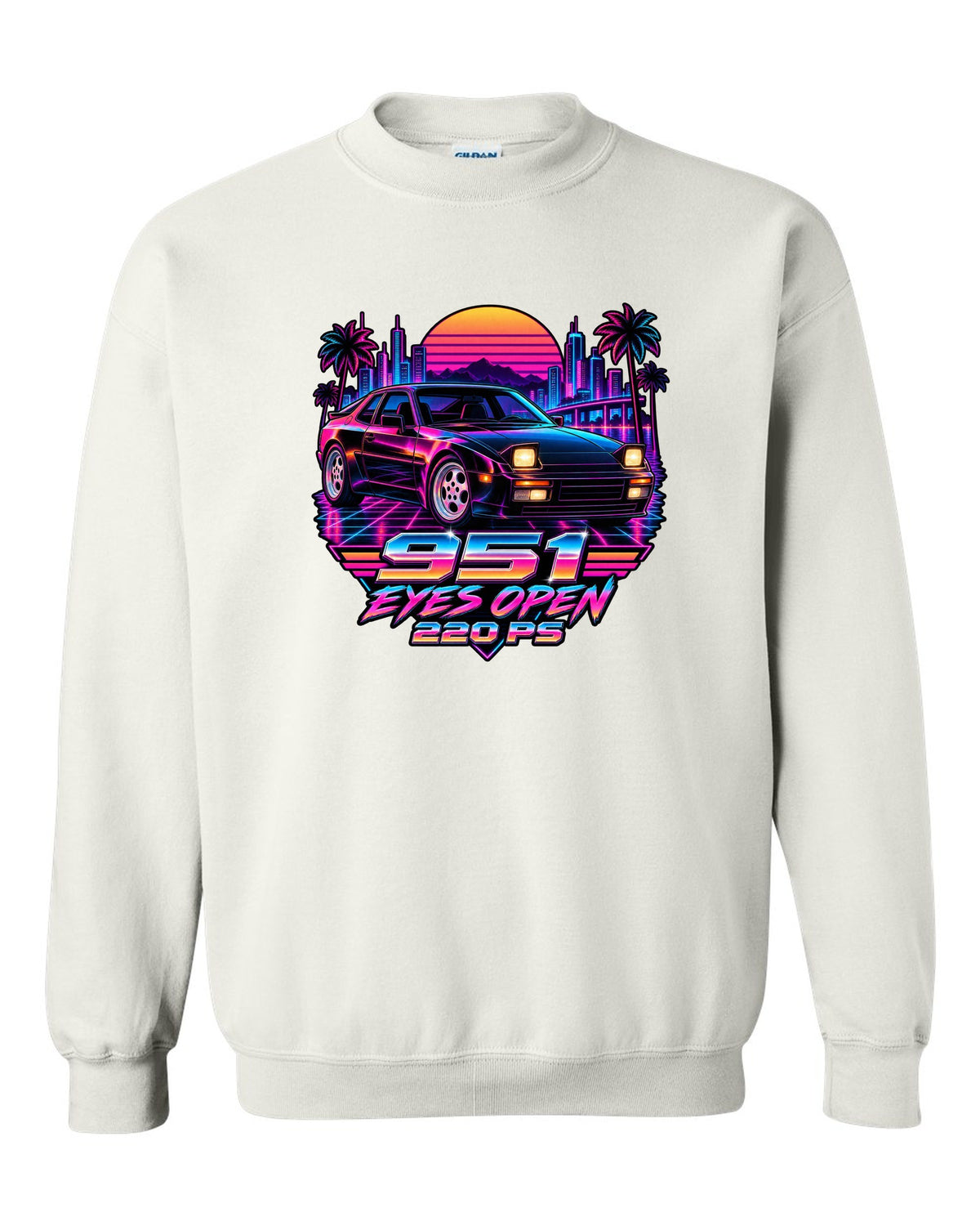 Synthwave neon Porsche 944 Turbo 951 with pop-up headlights open white crewneck front view with the design