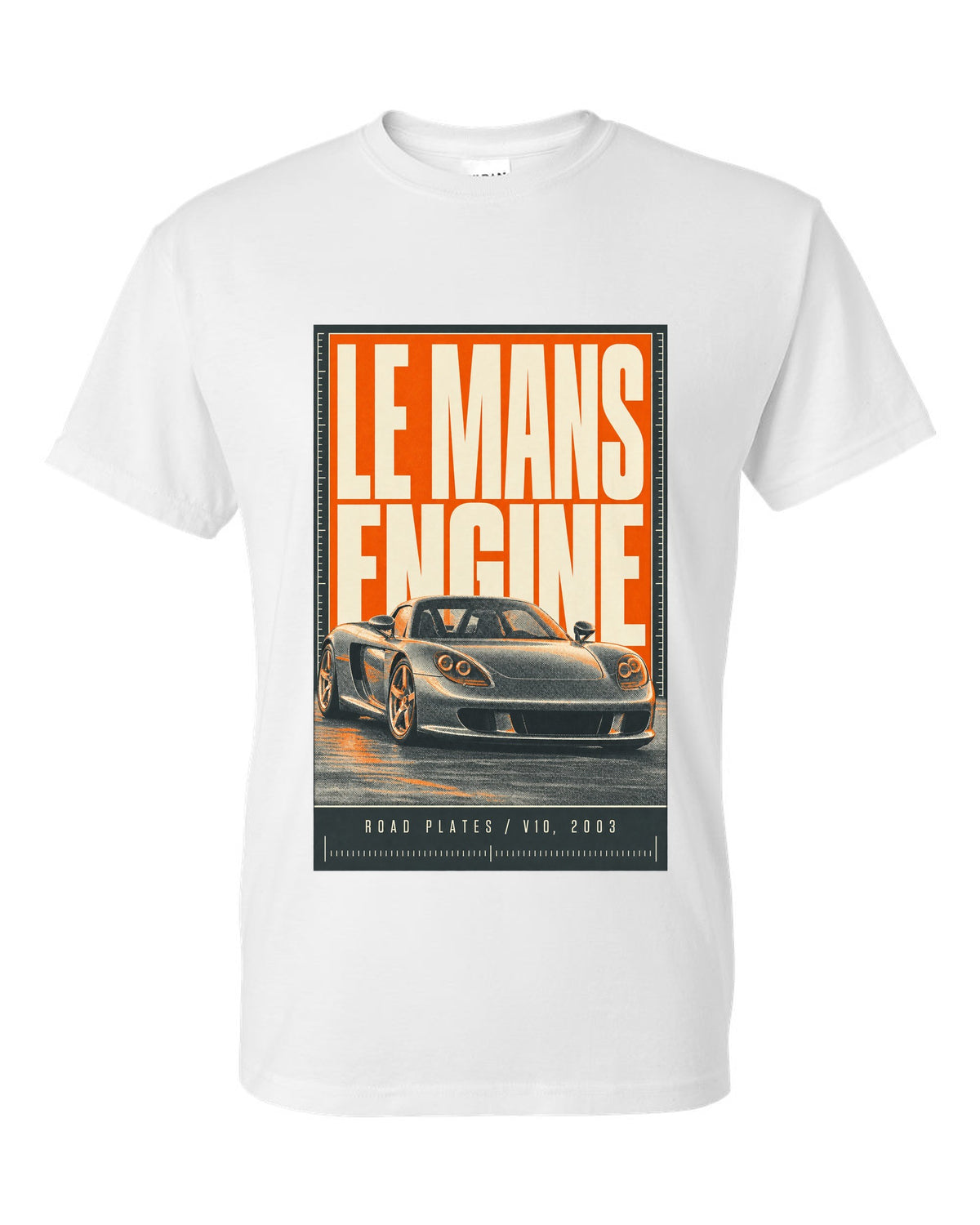 Porsche Carrera GT halftone statement print design white t-shirt front view with the design