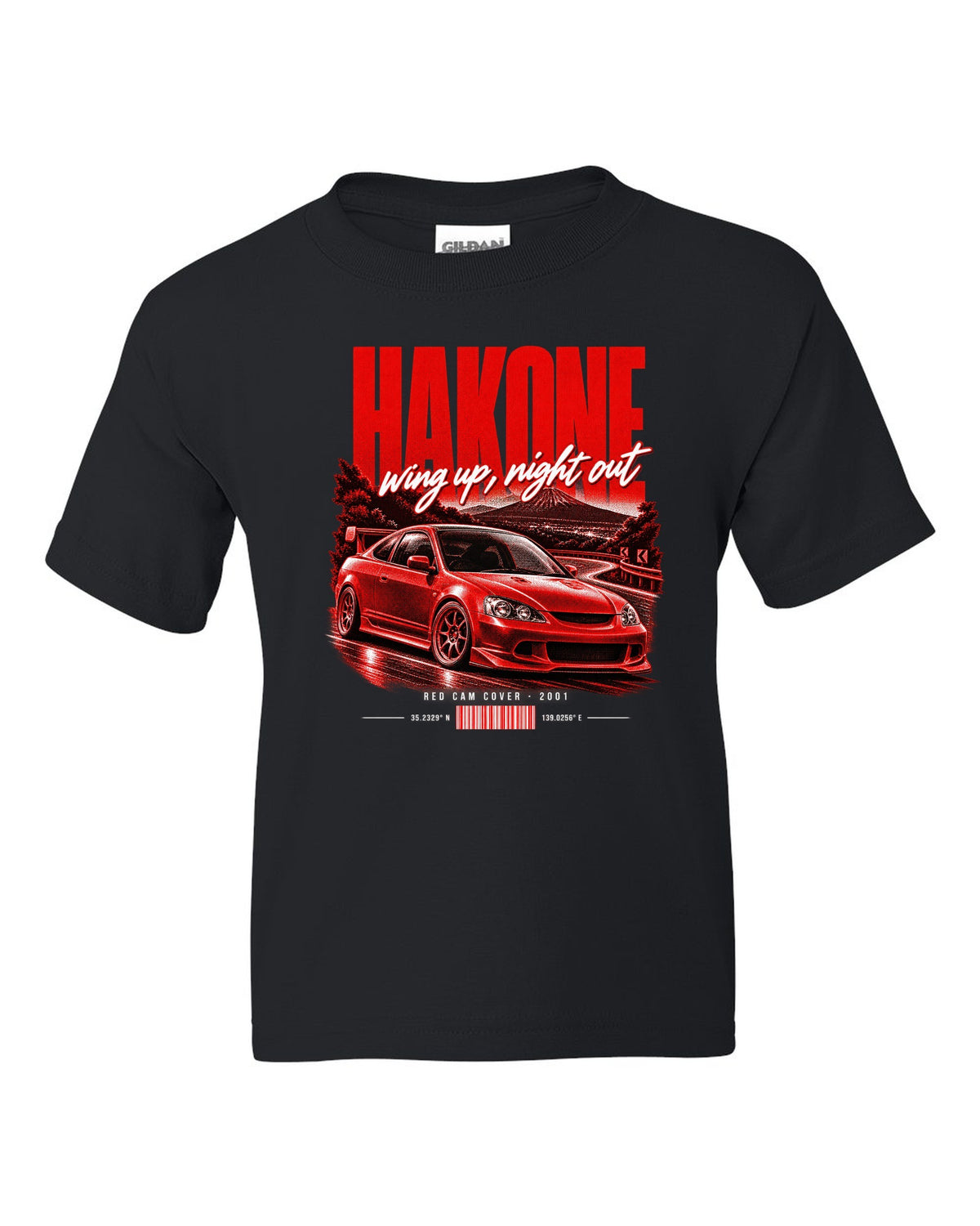 Honda Integra DC5 Type R chback street poster with Hakone and red cam cover text black kids tee front view with the design