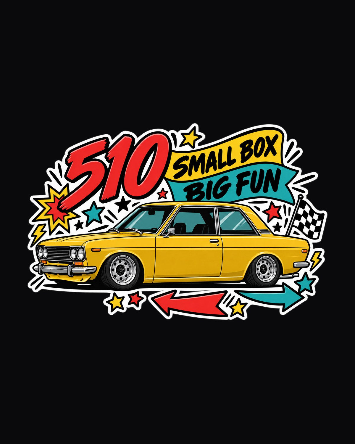 Datsun 510 Sticker Bomb Tee, Small Box Big Fun print design only