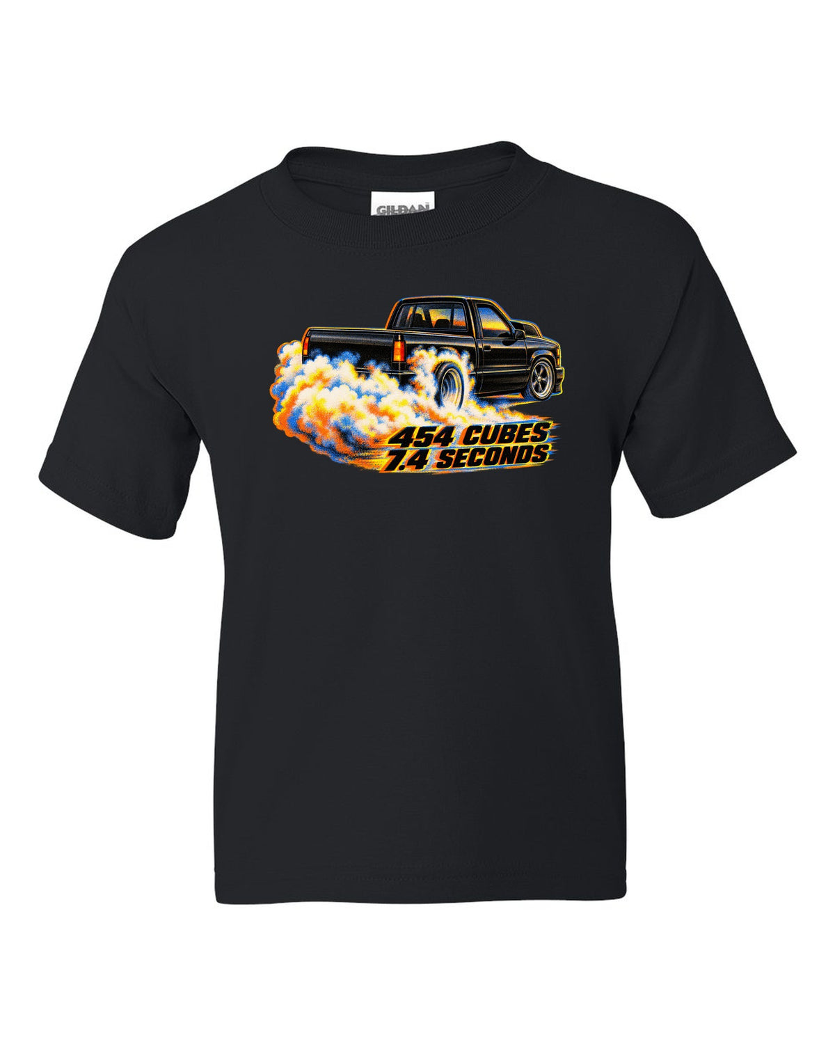Risograph burnout smoke print of a 1990-93 Chevrolet 454 SS pickup with 454 cubes text black kids tee front view with the design