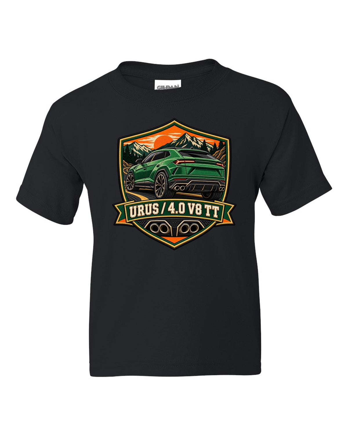 Embroidery-style shield crest of a Lamborghini Urus with 4.0 V8 TT text black kids tee front view with the design