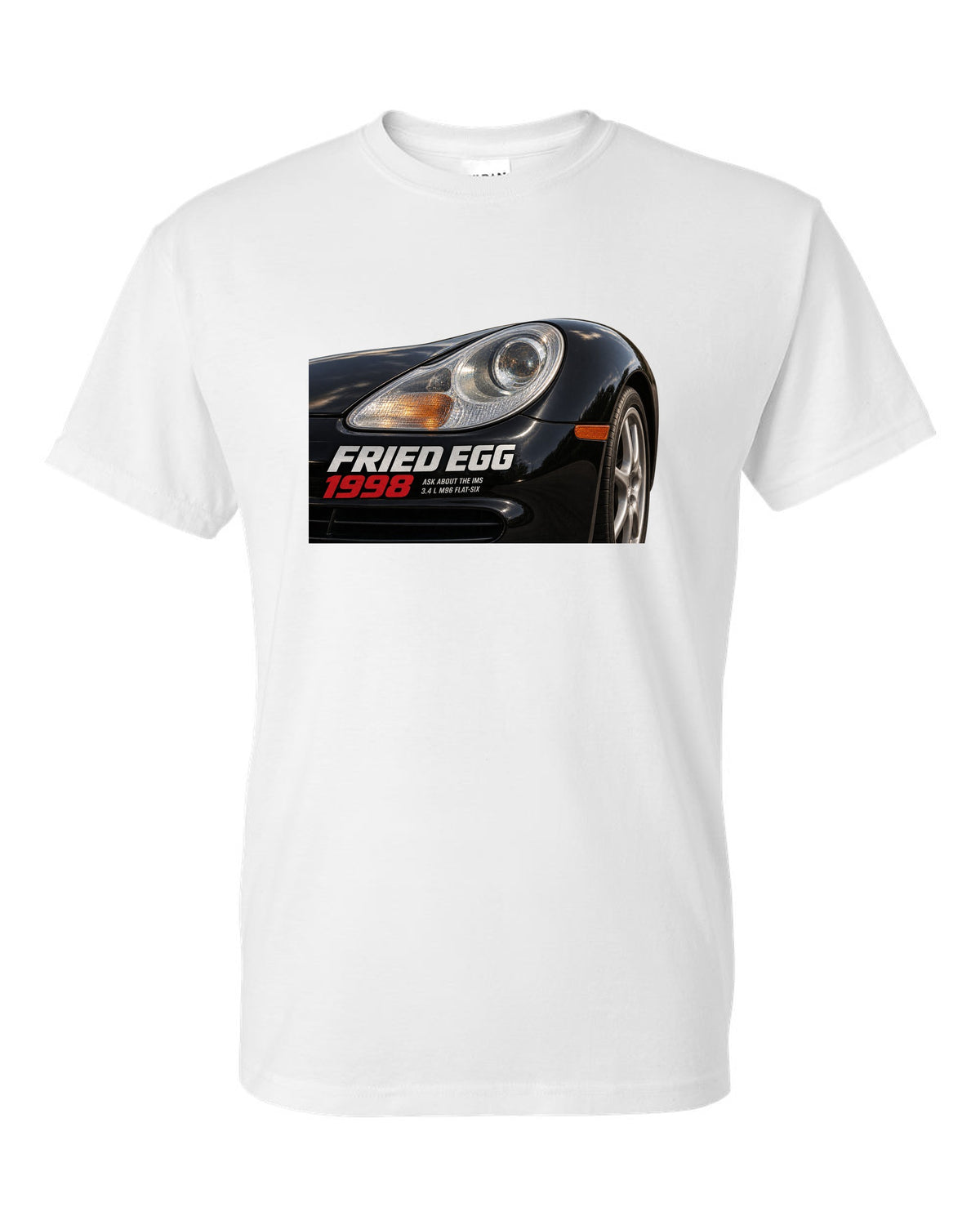 Close-up detail print of the Porsche 911 996 Fried Egg lamp with IMS joke text white t-shirt front view with the design