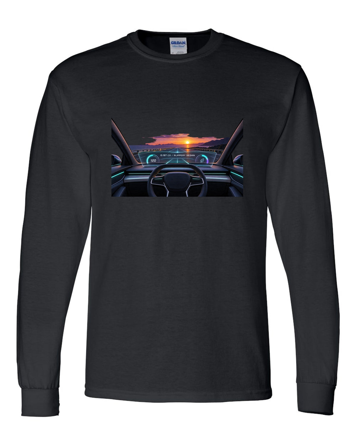 Lucid Air Sapphire gauge cluster HUD print with the text 0.197 Cd slippery sedan black long sleeve front view with the design
