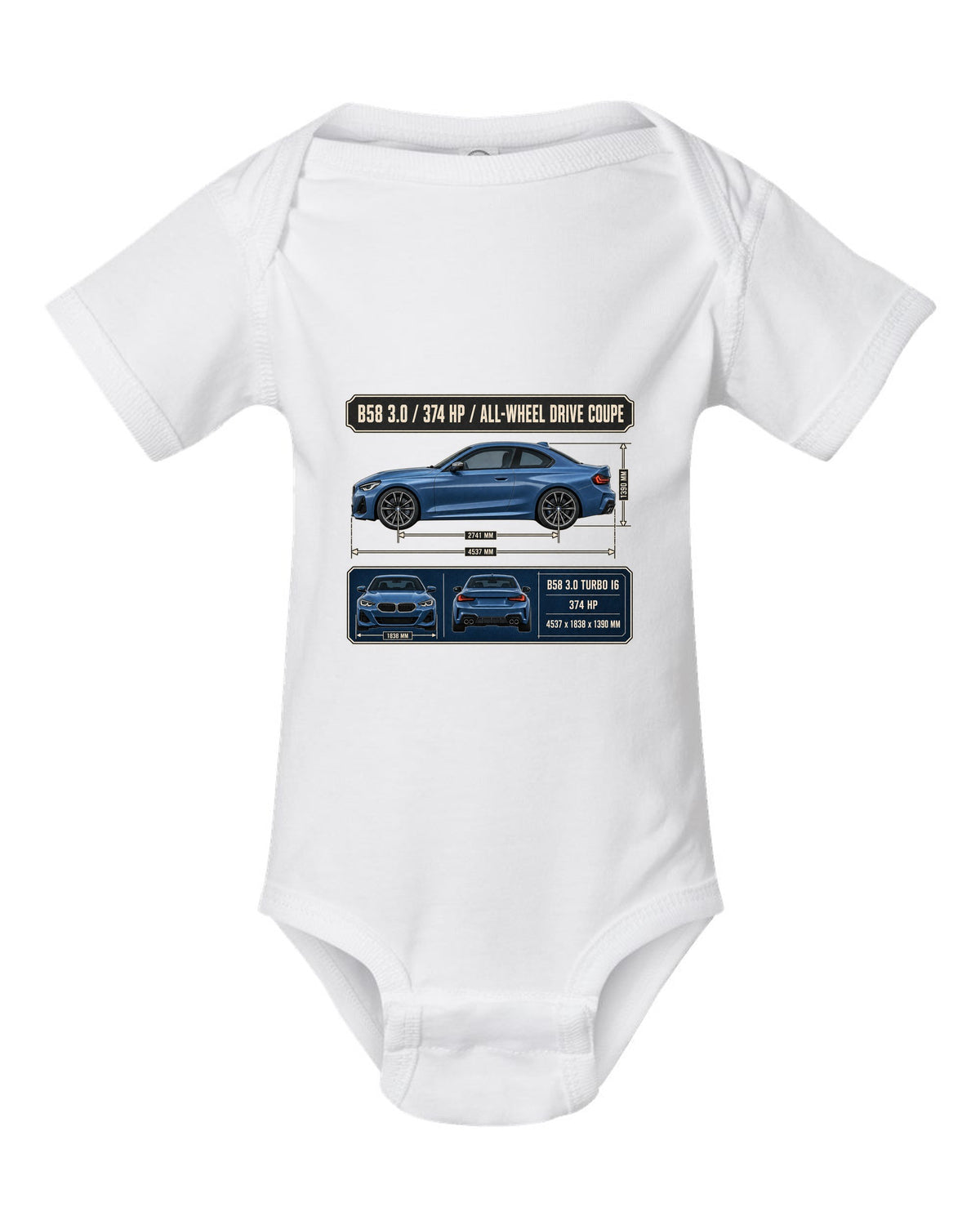 BMW M240i xDrive G42 coupe dimension blueprint print white baby onesie front view with the design