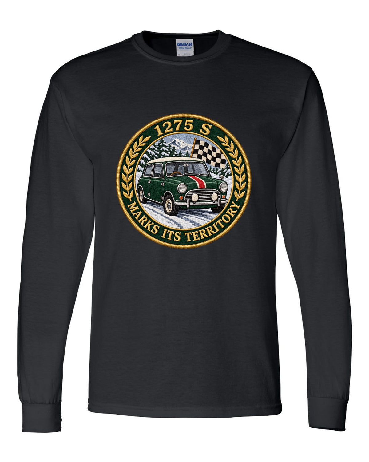 Embroidery style varsity crest for a Mini Cooper S Mk1 with 1275 S marks its territory black long sleeve front view with the design