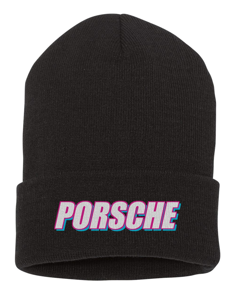 Porsche black beanie front view with car name