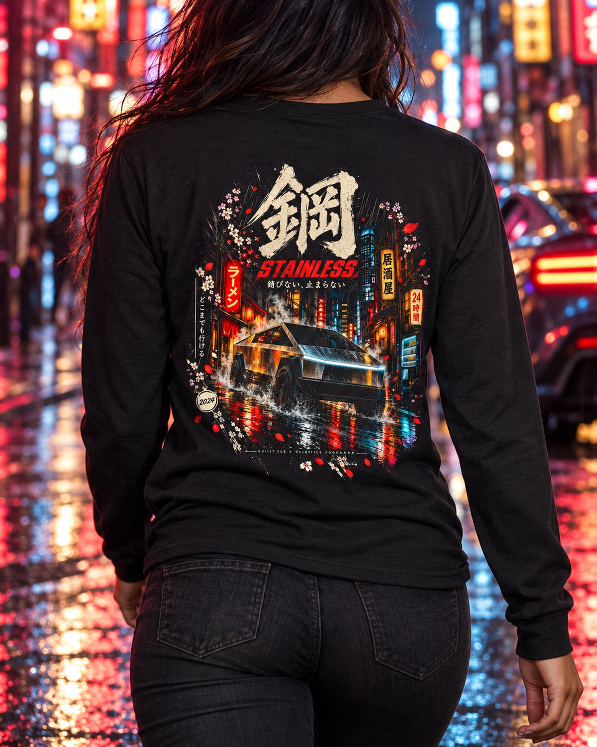 Tesla Cybertruck Stainless Shirt, Hoodie & More Long Sleeve Black worn hero