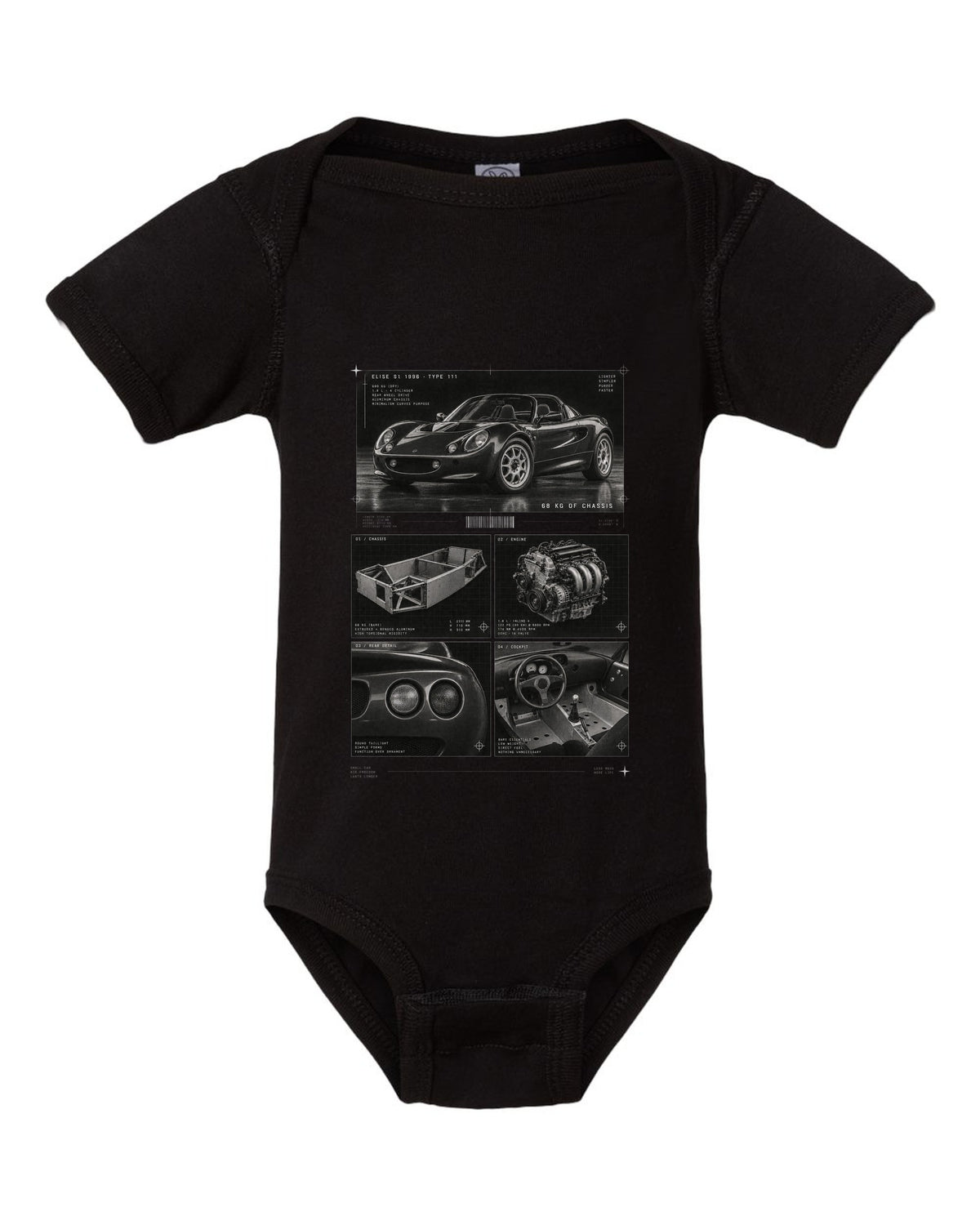 Dossier panel print of a 1996 Lotus Elise S1 Type 111 with 68 kg of chassis text black baby onesie front view with the design