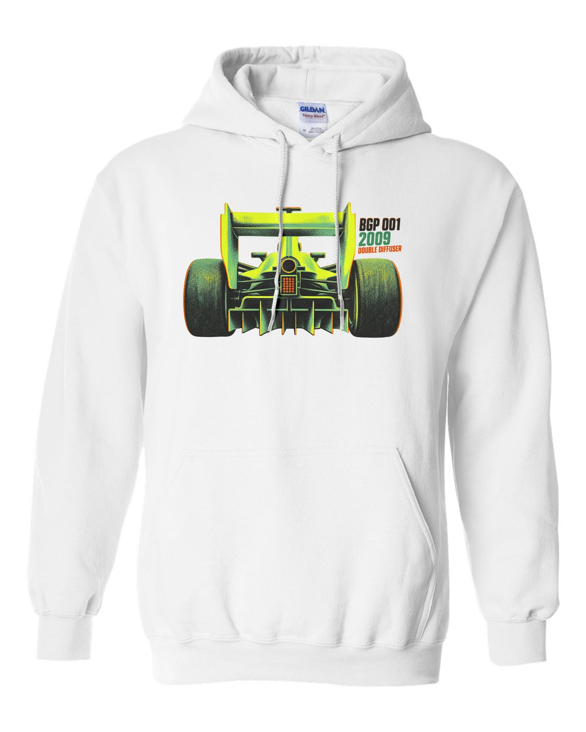 Risograph style Brawn BGP 001 Formula 1 car with double diffuser lettering white pull over hoodie front view with the design