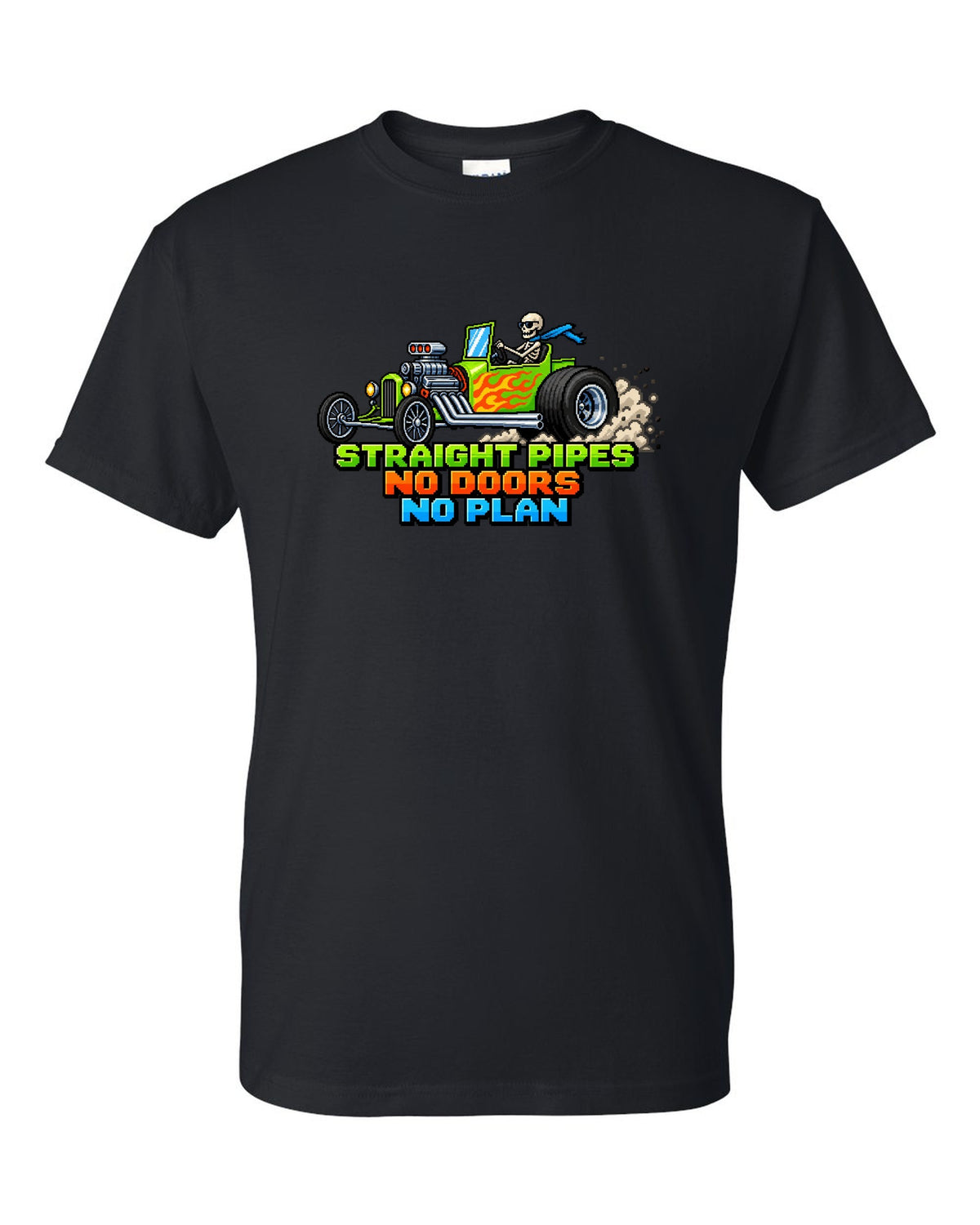 8/16-bit pixel art print of a Ford T-bucket hot rod with Straight Pipes No Doors lettering black t-shirt front view with the design