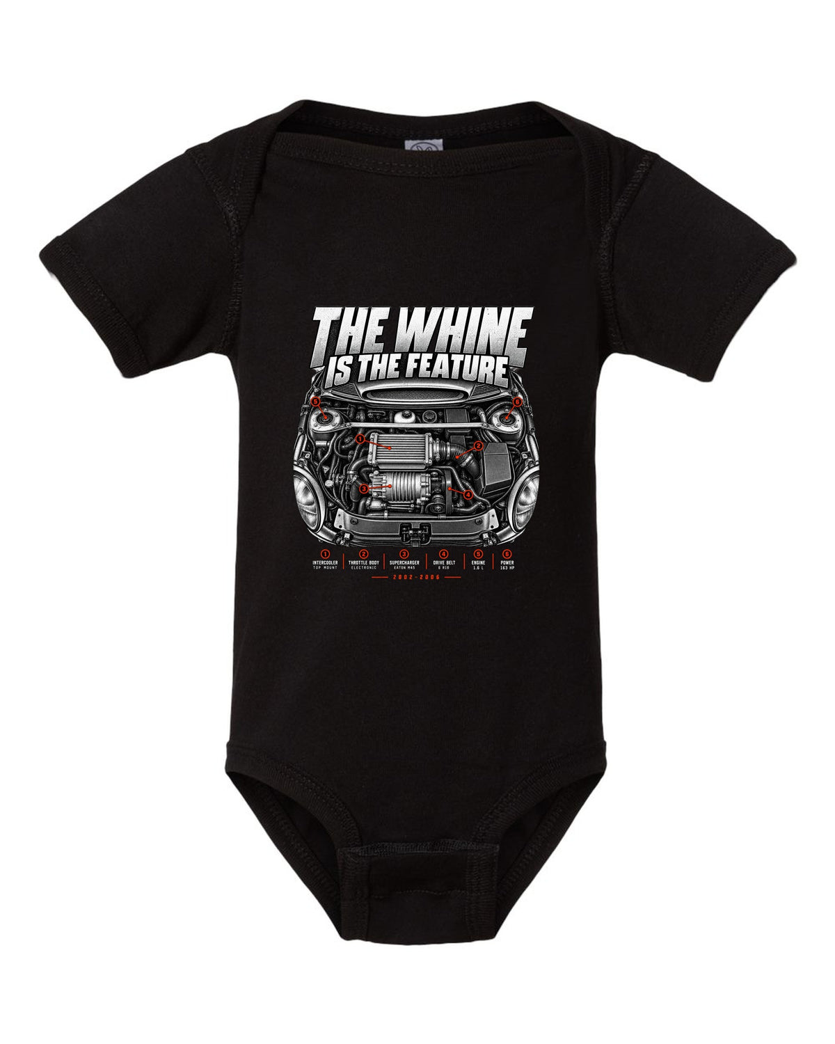 Mini Cooper S R53 engine bay print with supercharger callouts and whine text black baby onesie front view with the design