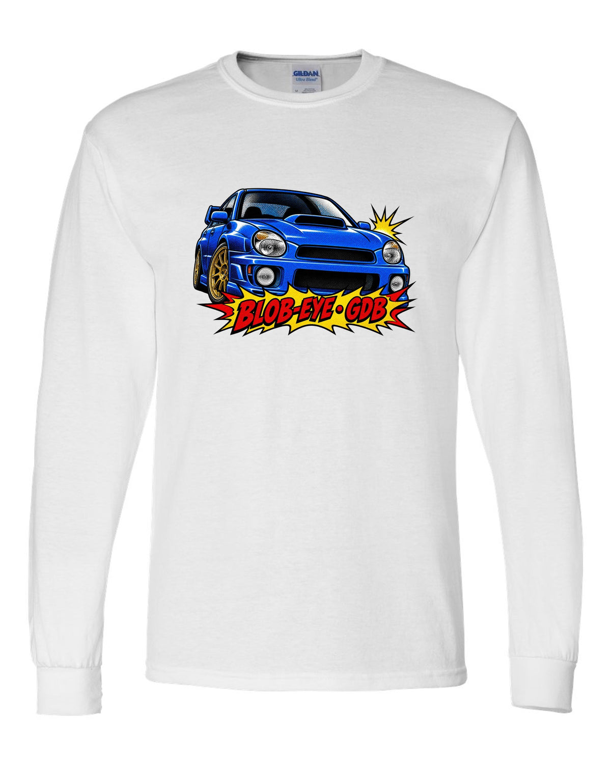 Halftone pop-art print of a Subaru Impreza WRX STI GDB with blob-eye GDB lettering white long sleeve front view with the design