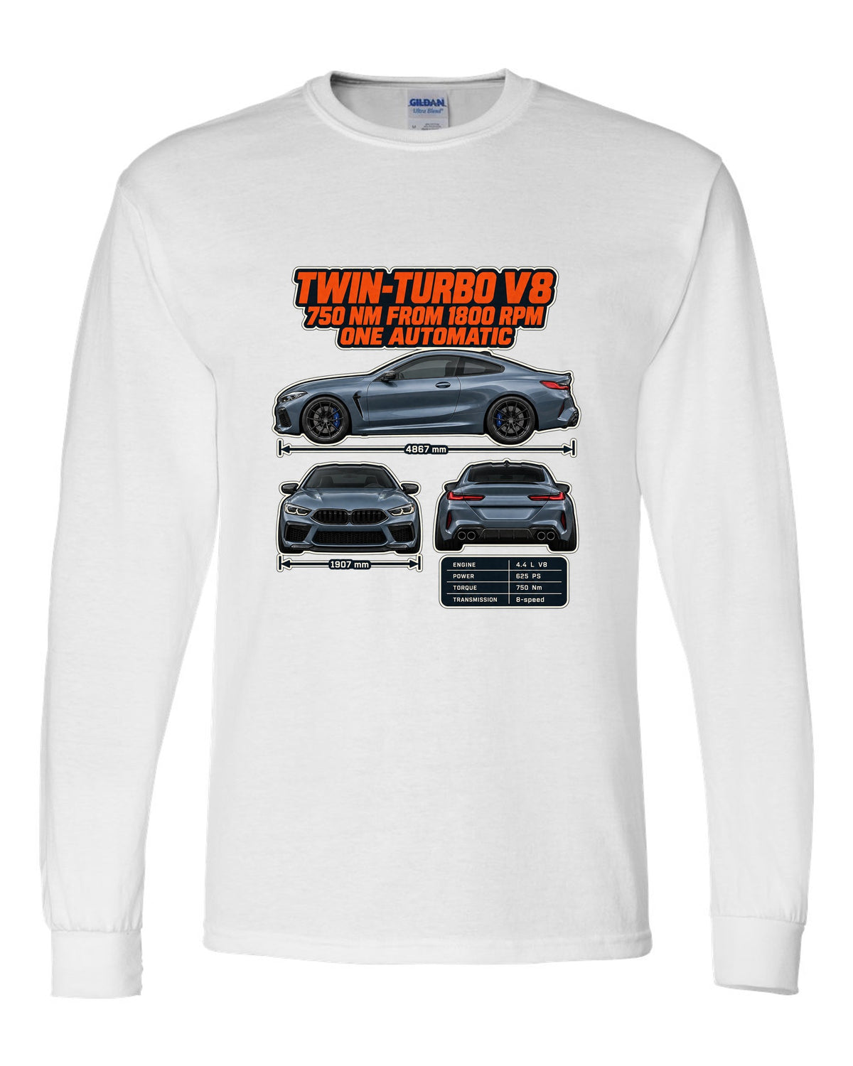BMW M8 Competition Coupe F92 three-view and spec table print on a tee white long sleeve front view with the design