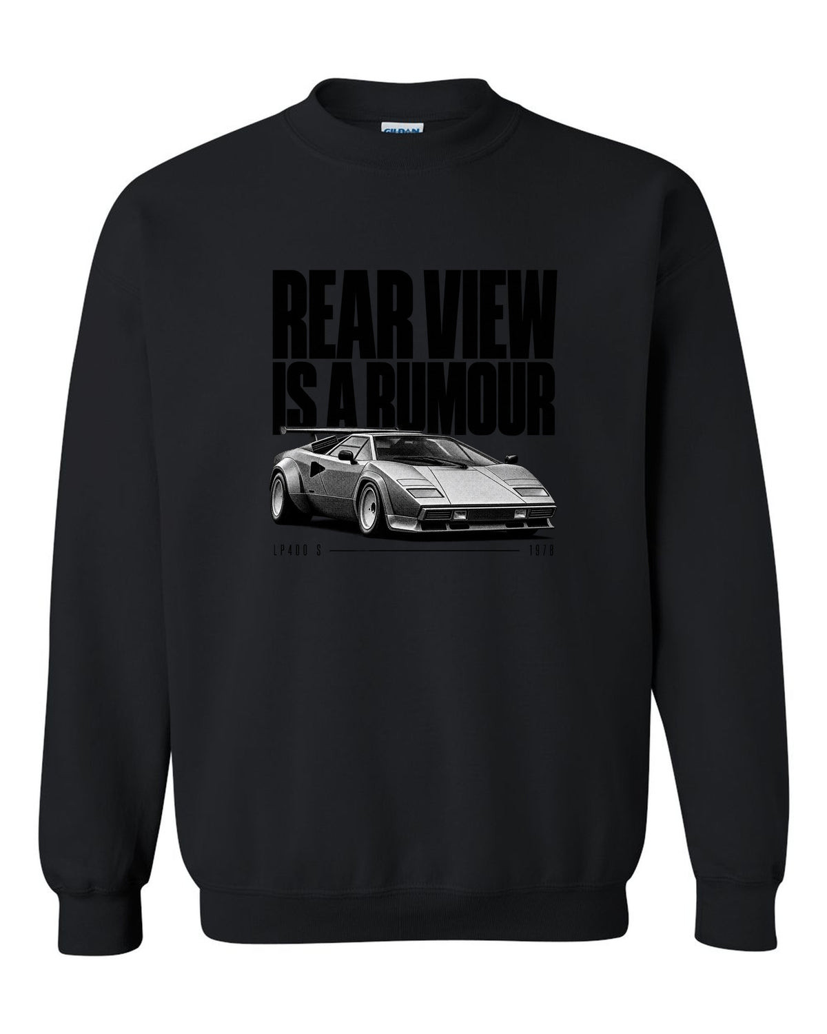Halftone print of a Lamborghini Countach LP400 S with rear wing and rear view is a rumour text black crewneck front view with the design