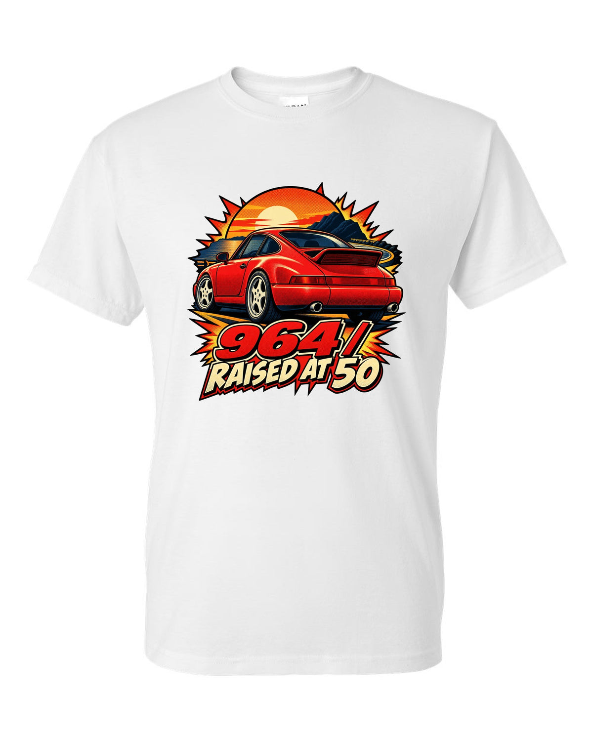 Comic dot-ink illustration of a Porsche 911 Carrera 964 with its spoiler raised white t-shirt front view with the design