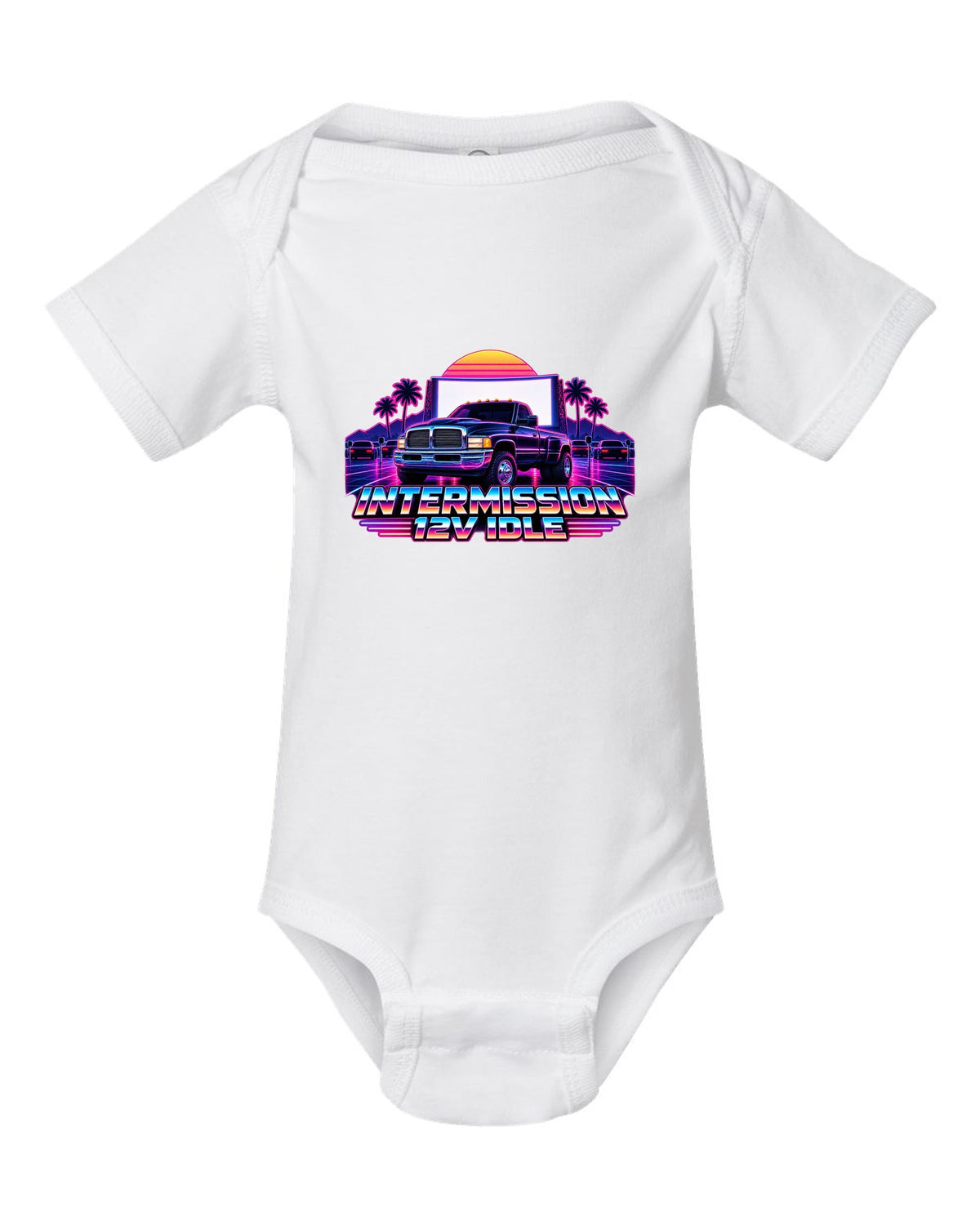 Neon synthwave grid print of a 1994-1998 Dodge Ram 2nd gen 12V with intermission 12V idle text white baby onesie front view with the design