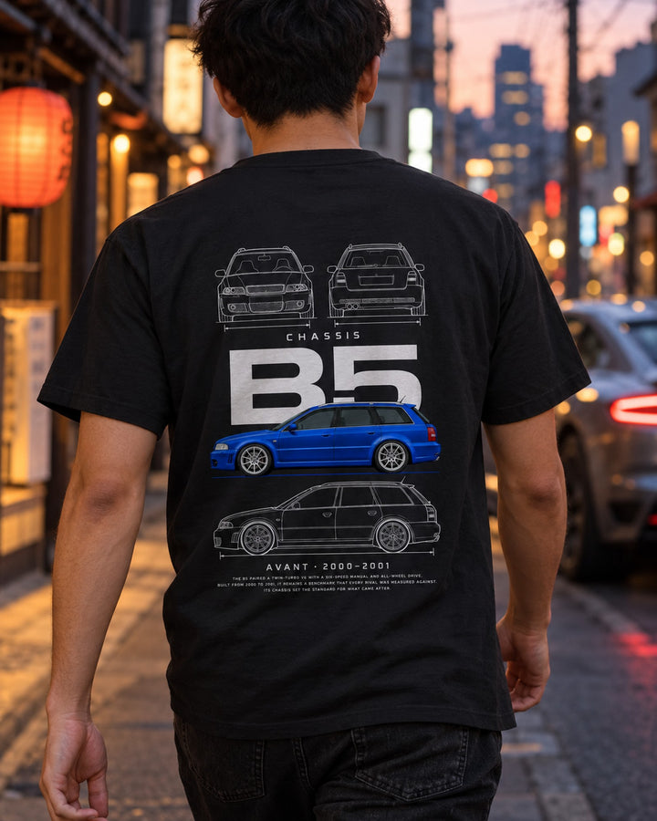 Audi B5 RS4 Avant wagon Blueprint Full-Back Graphic Tee, B5 Chassis Code T-Shirt Black worn hero