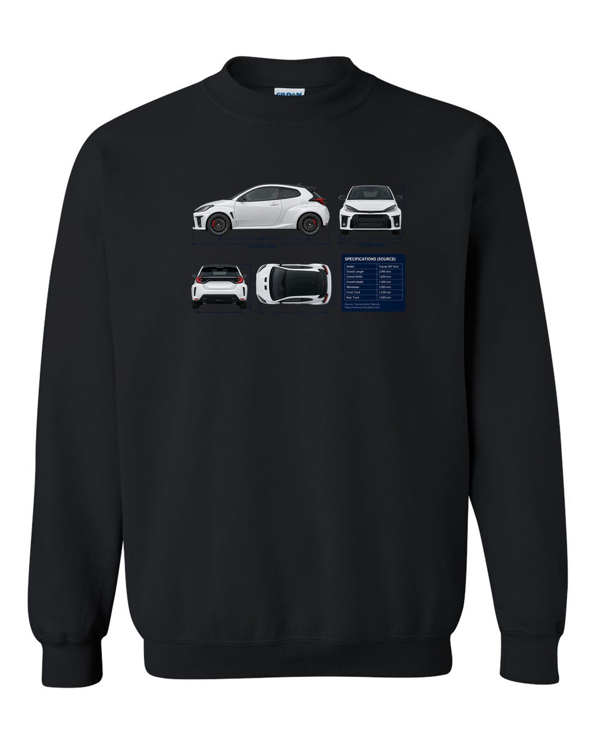 Toyota GR Corolla Morizo Edition Blueprint black crewneck front view with the design