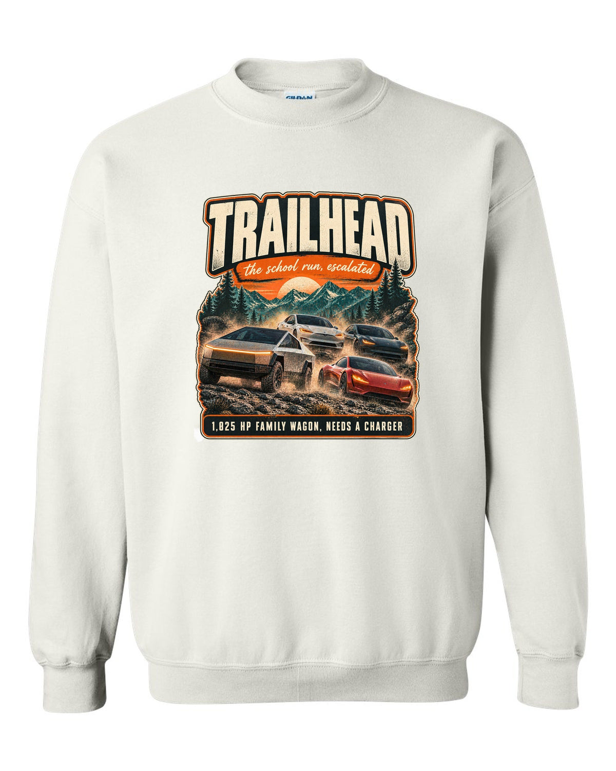Street poster print of a Rivian R1S with trailhead and horsepower text white crewneck front view with the design