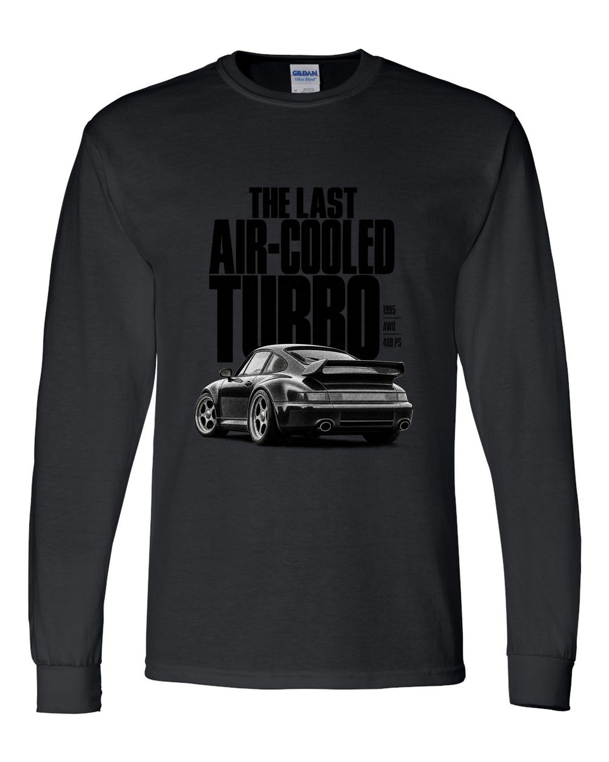 Halftone print of the Porsche 911 Turbo (993) with the line The Last Air-Cooled Turbo black long sleeve front view with the design