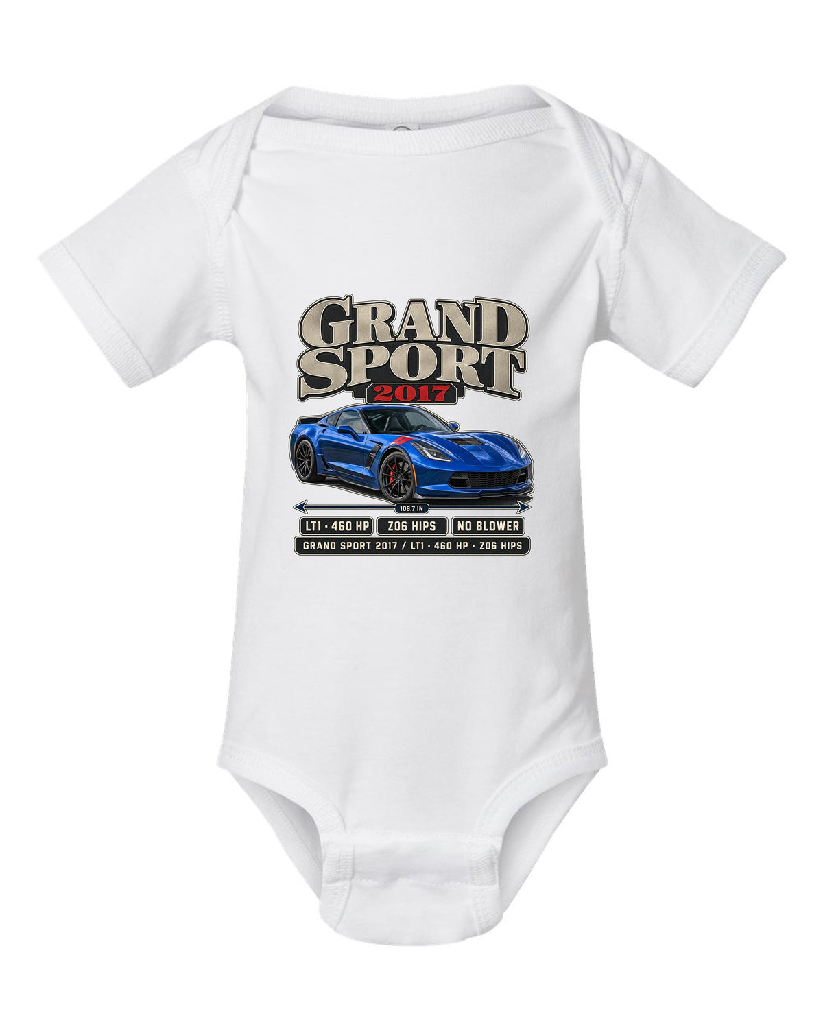 print of a Chevrolet Corvette C7 Grand Sport archive panel with LT1 and 460 HP text white baby onesie front view with the design