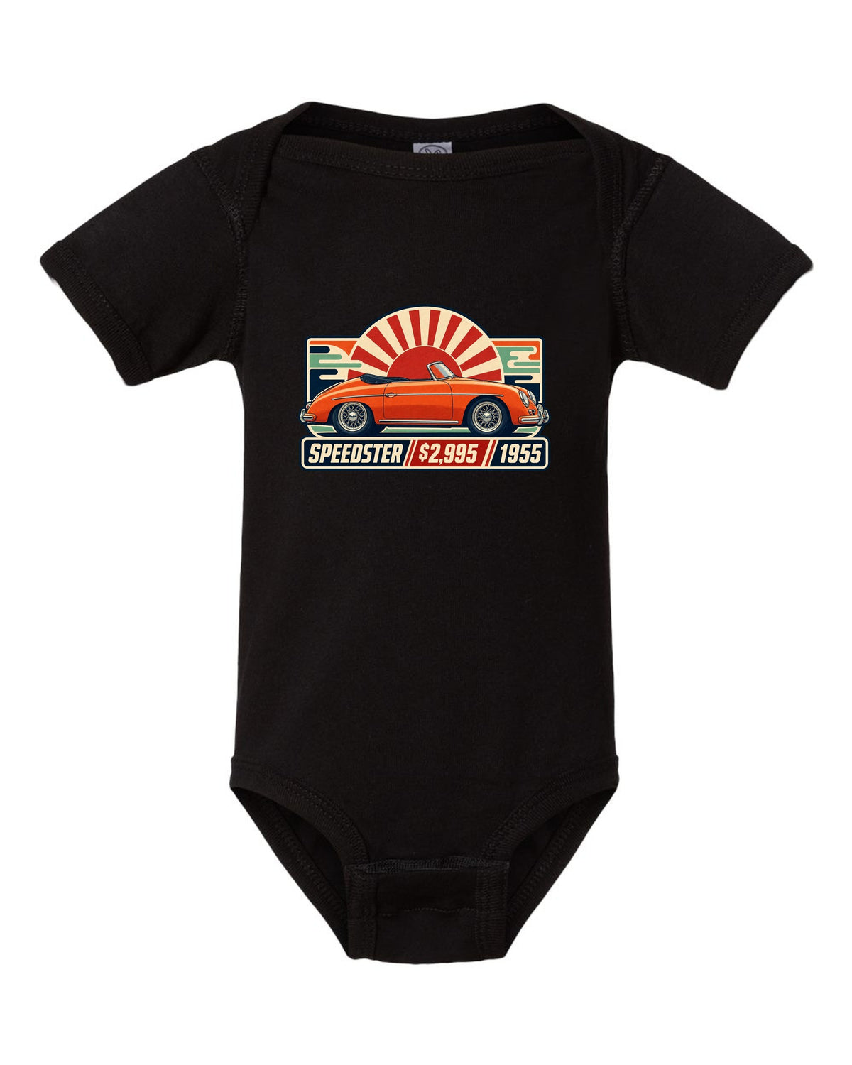 print of five Porsche 911 generations in a row, labelled 901, 930, 964, 993 and 996 black baby onesie front view with the design