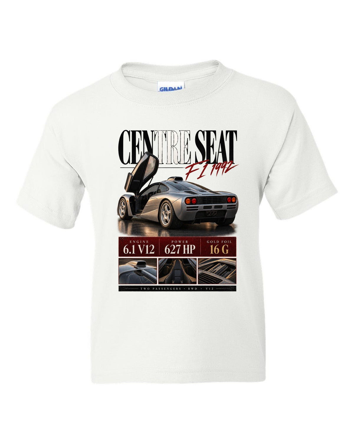 Archive panel print of the 1992 McLaren F1 with centre driving seat and V12 specification text white kids tee front view with the design