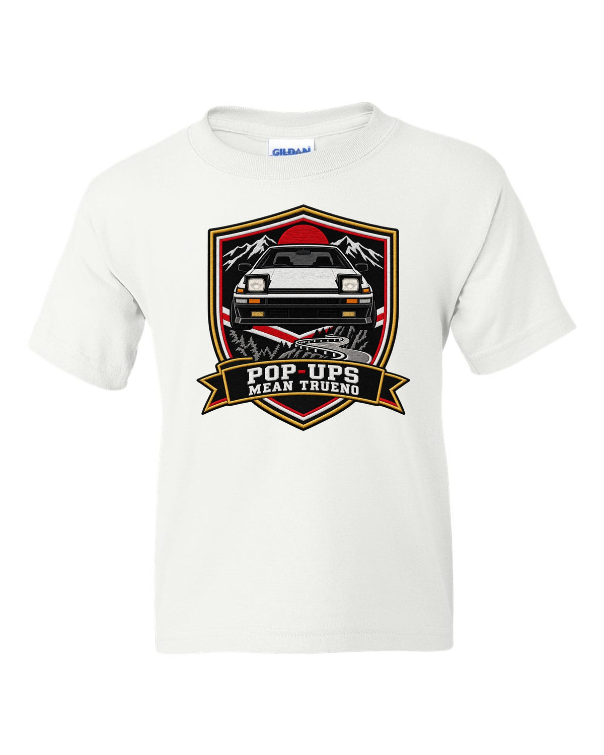 Embroidery varsity crest print of a Toyota Sprinter Trueno AE86 with Pop-Ups lettering white kids tee front view with the design