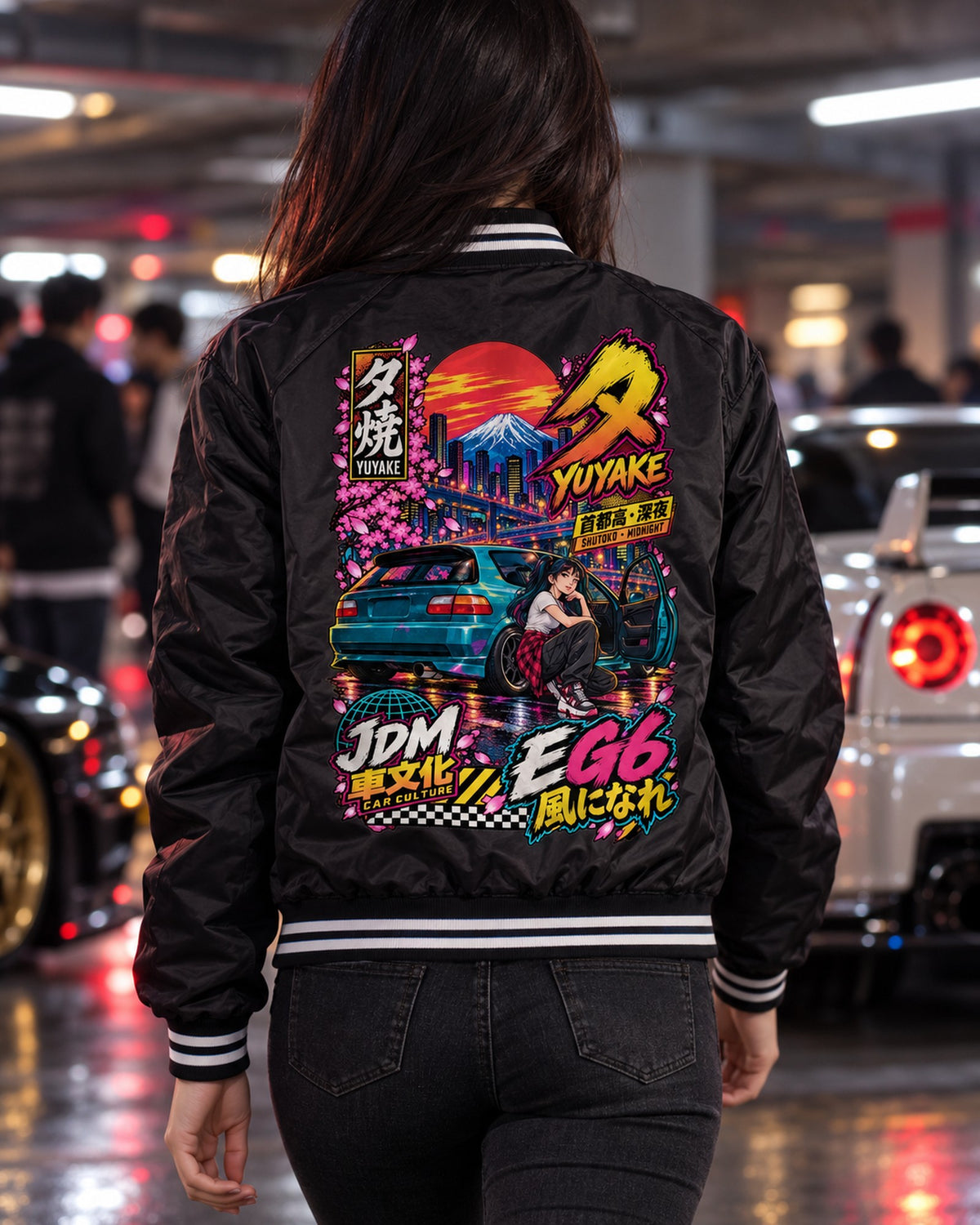 YUYAKE EG6 Anime Girl Full-Back Graphic Tee Bomber Jacket Black worn hero
