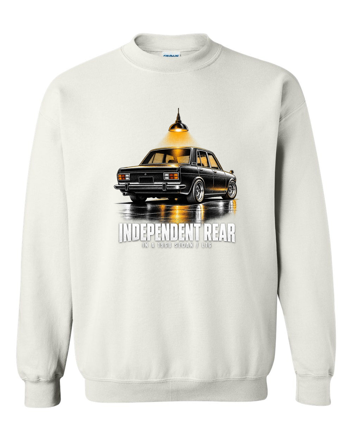 print of a 1968 Datsun 510 PL510 sedan from the rear three-quarter in a night garage white crewneck front view with the design