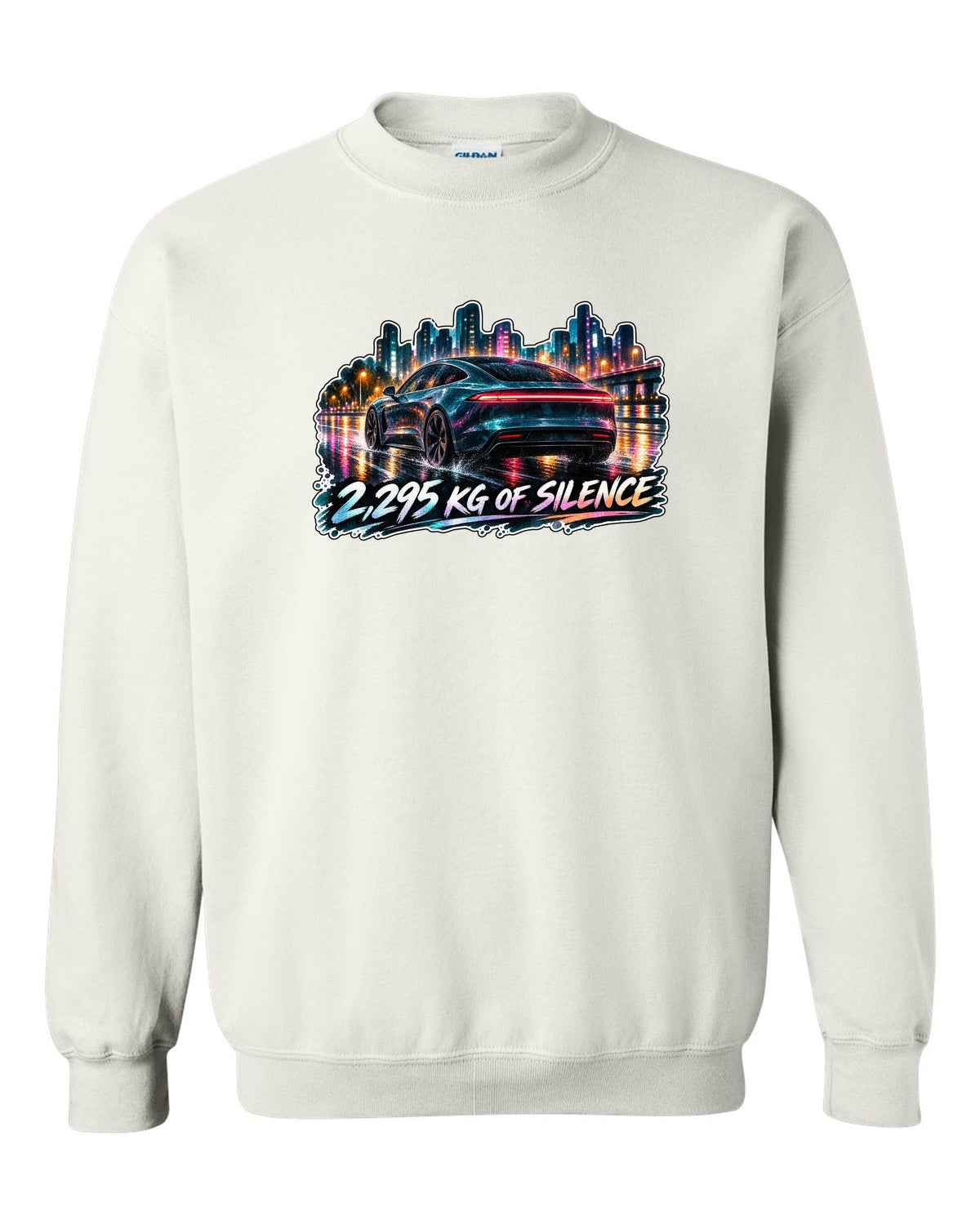 Porsche Taycan Turbo S 9J1 watercolor wet road night print with the text 2,295 kg of silence white crewneck front view with the design