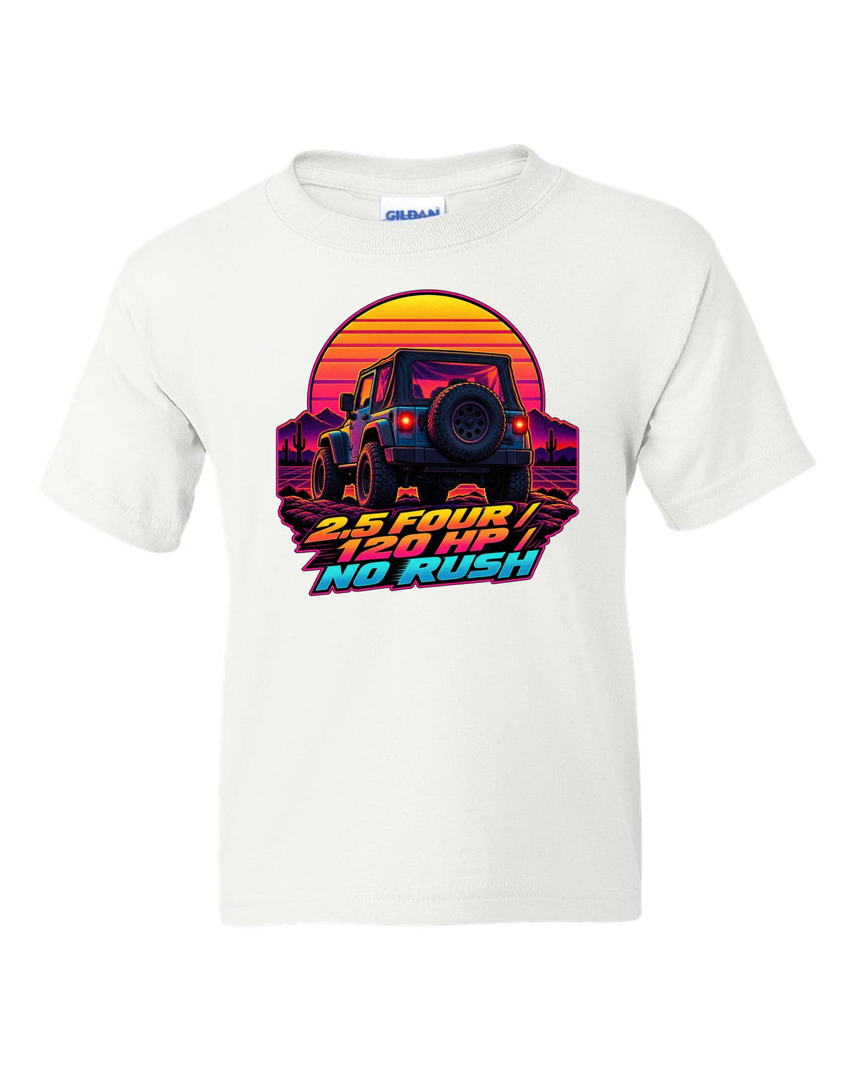 Synthwave sunset illustration of a Jeep Wrangler TJ tailgate with 2.5 FOUR 120 HP NO RUSH lettering white kids tee front view with the design